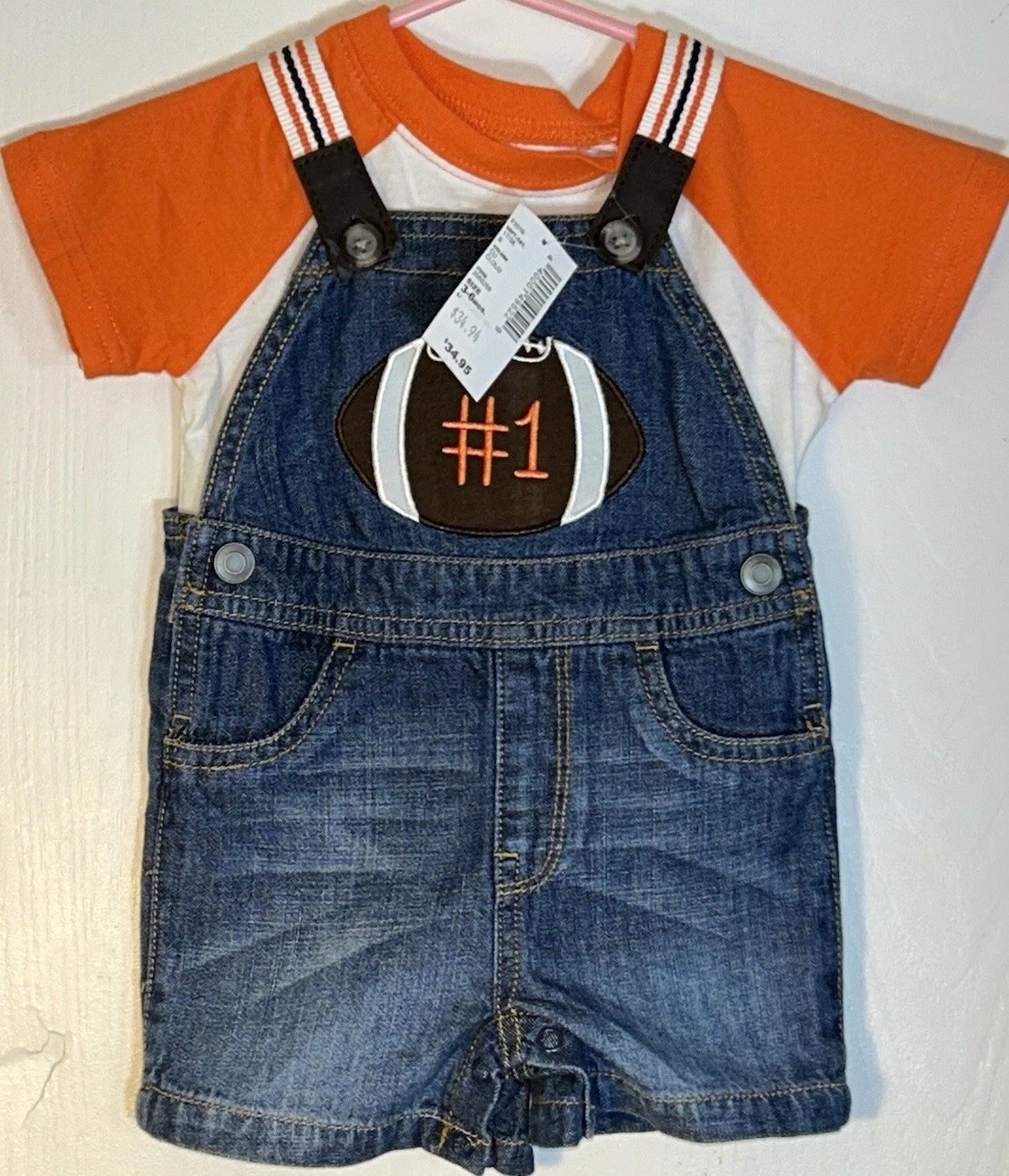 The Children’s Place Boy 3/6M 2 Piece Outfit Denim Overall Short Top Football