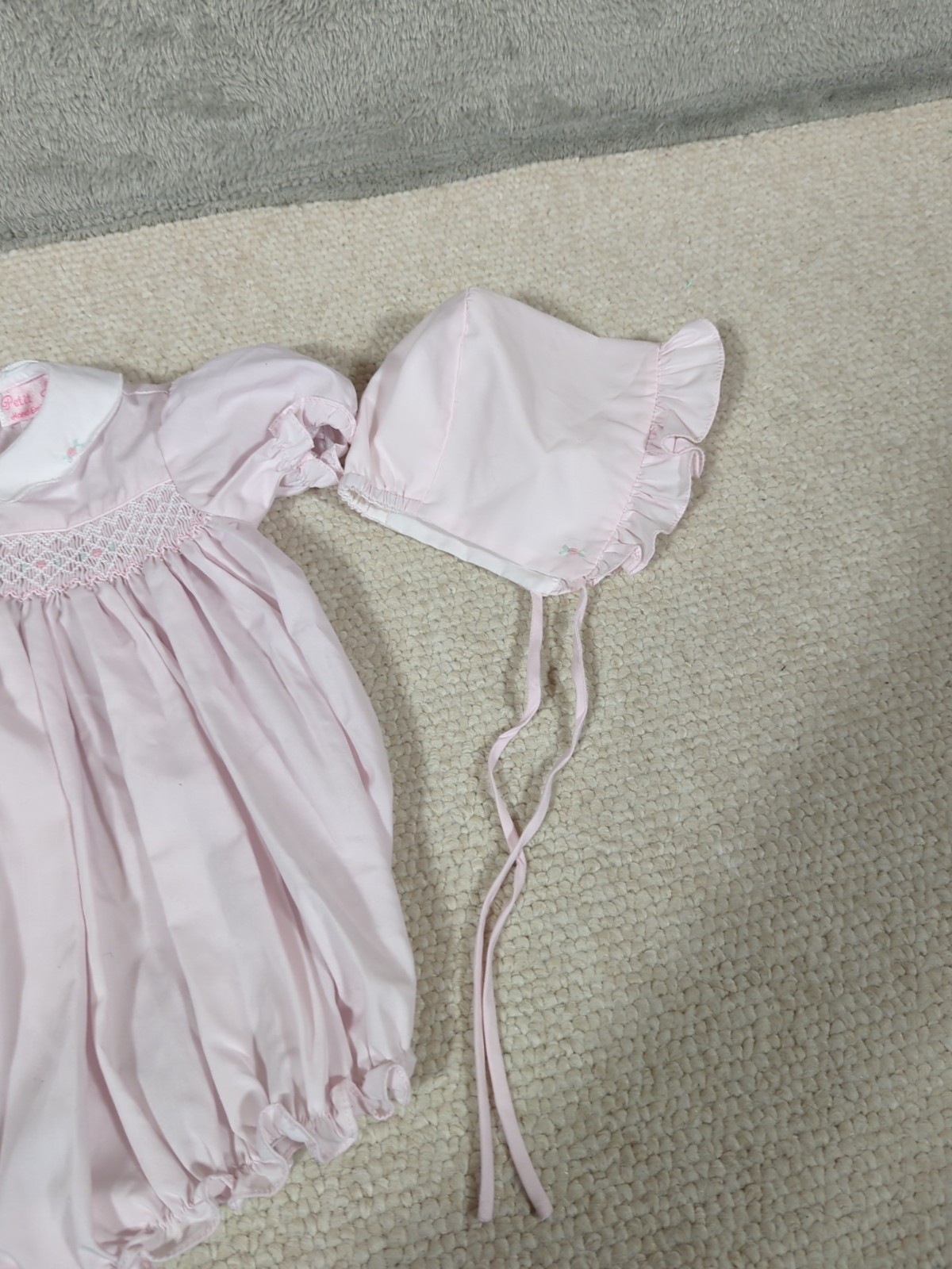 Petit Ami Pink Smocked Bubble romper and Bonnet Size 6 months