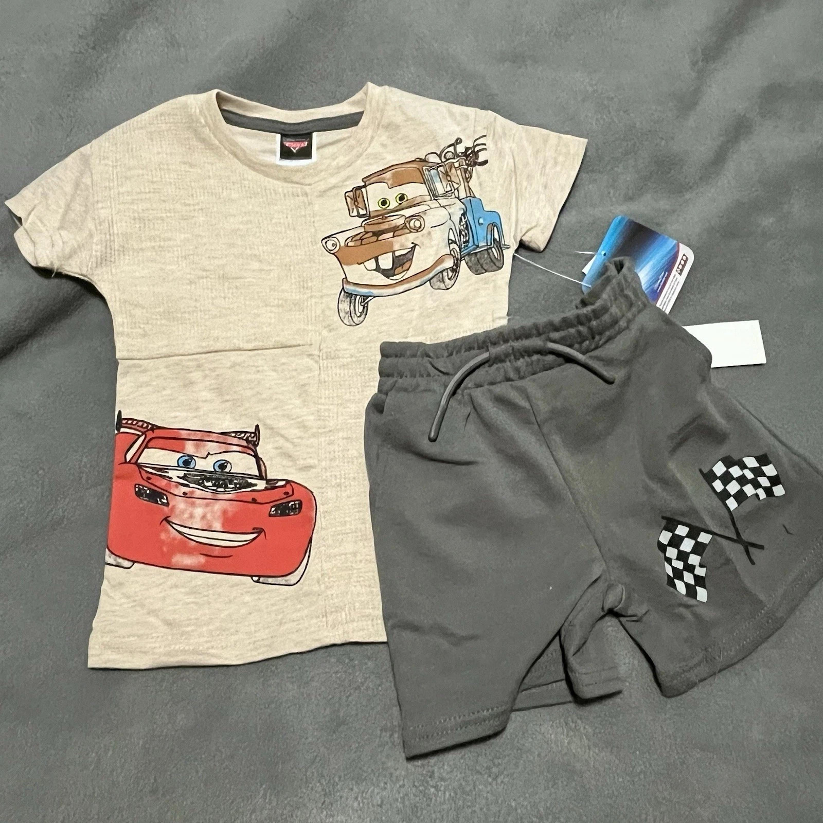 NEW Disney Pixar Cars Short Outfit Set Boy 4T Beige Gray Lightning McQueen Mater