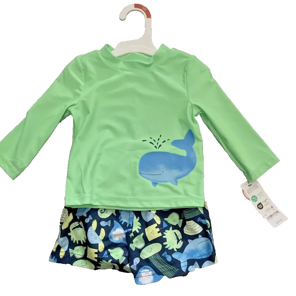 Just One You Carter’s 2PC Swim Set Green Whale Size 9M UPF 50+ Sun Protective
