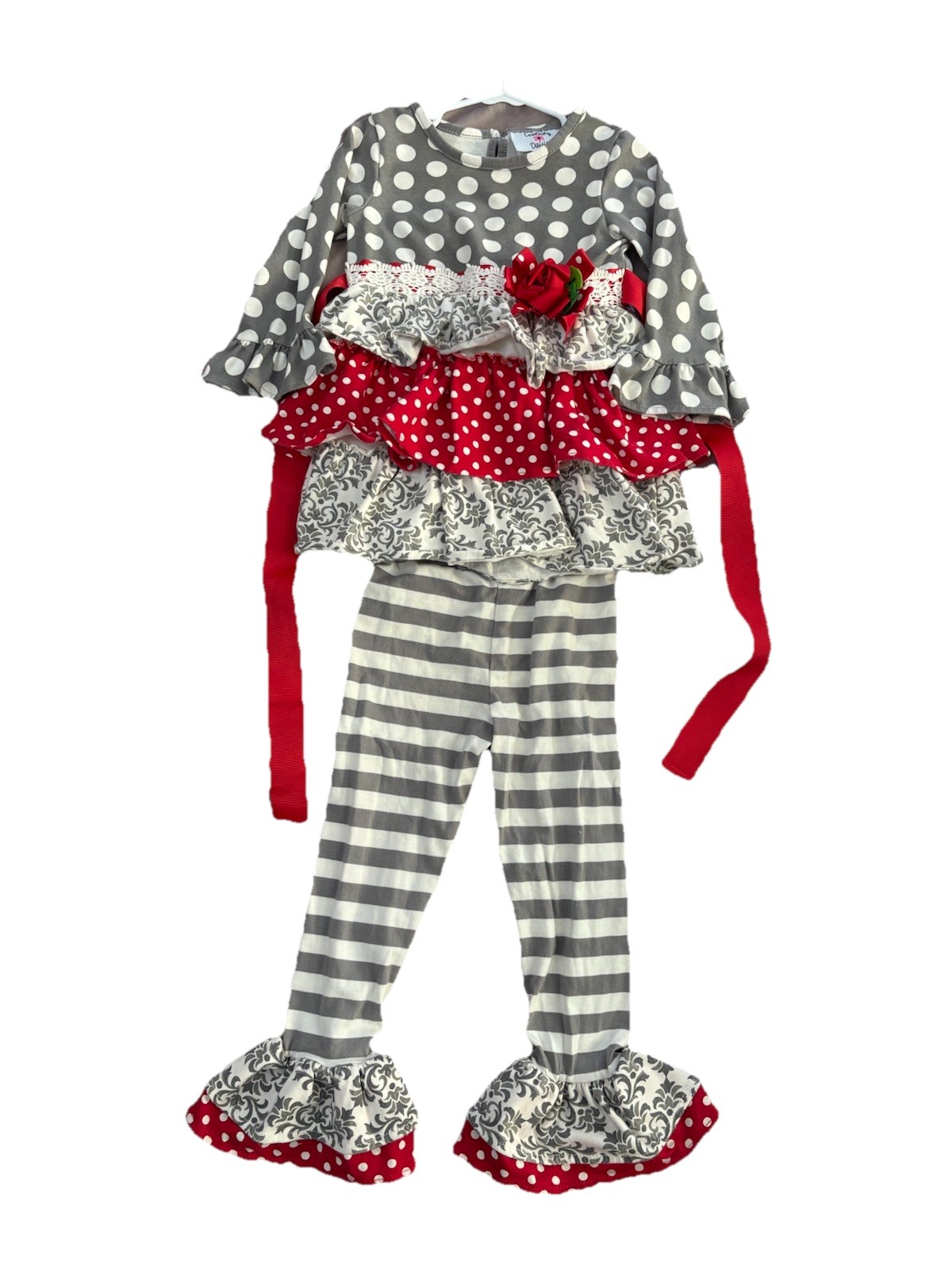 Girl’s Boutique Ruffle Ribbon Polka Dot Stripe Lace 2 Piece Set 3T