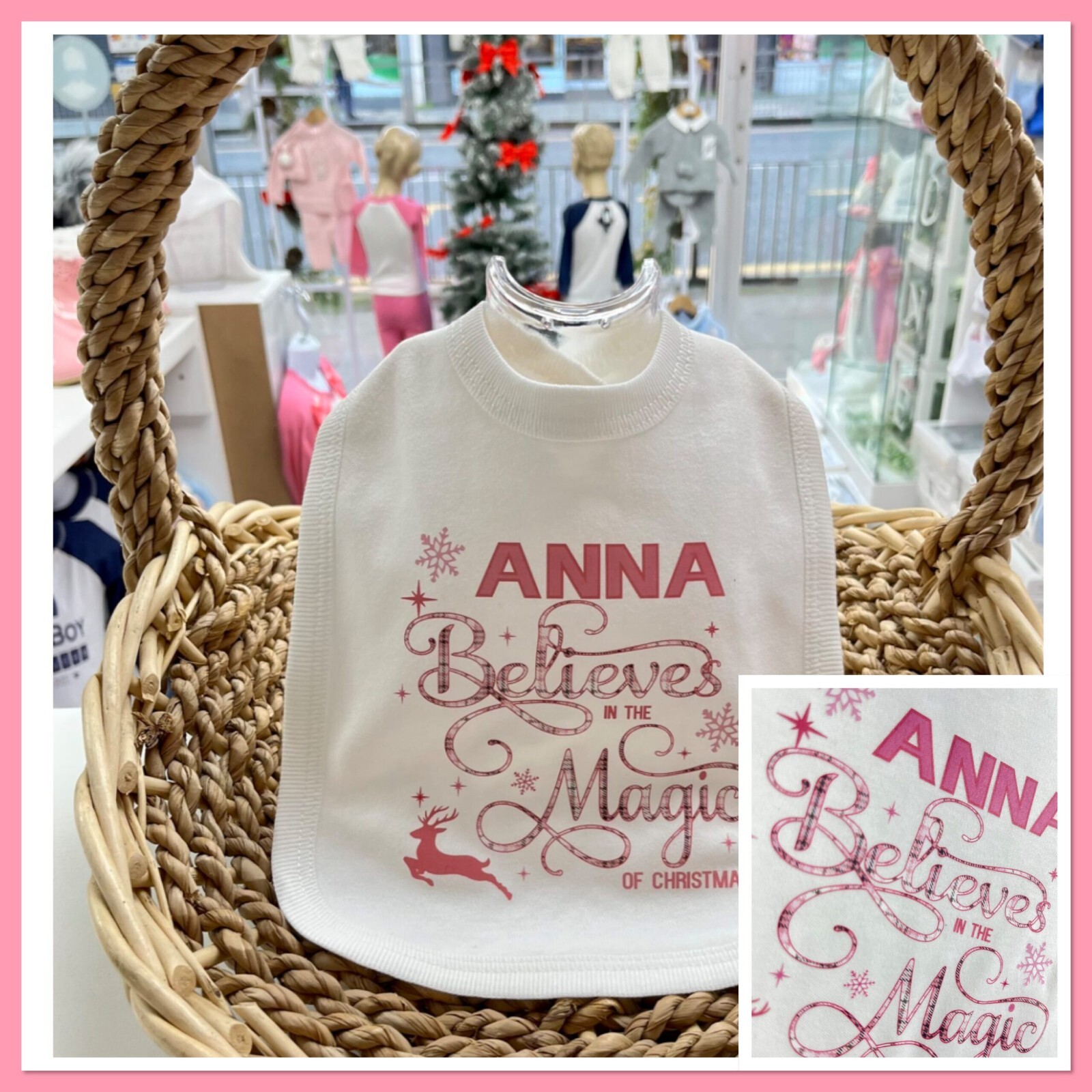 🎄 Personalised Girls First Christmas Believes in magic Bib Vest Grow 0-18m Pink