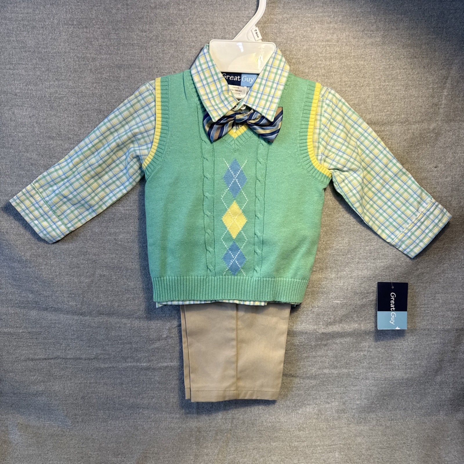 NWT Infant Great Guy 3 piece pants polo shirt sweater set 2T green tan blue