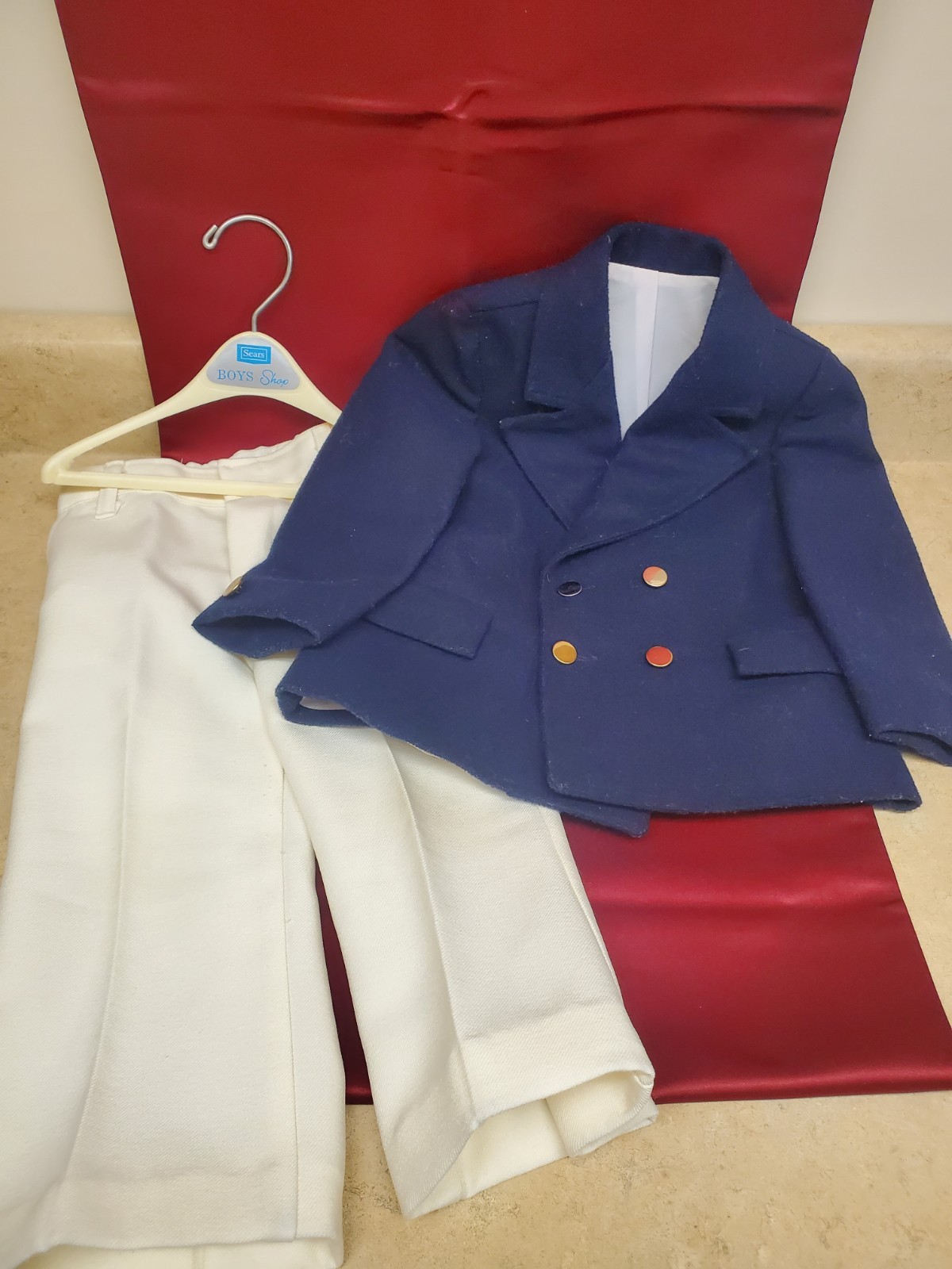1970’s Sears Boys Navy Blue Suit-Double Breasted Jacket W/Ivory Pants Size 3T