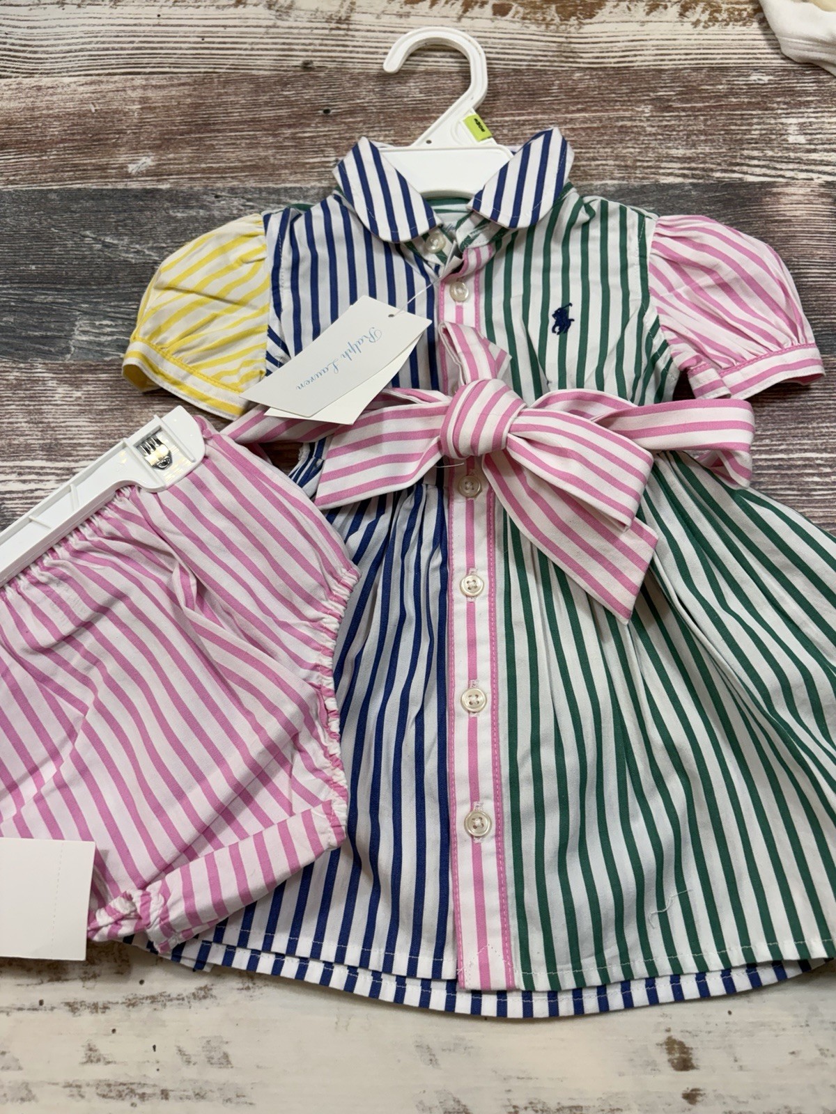 Girls NWT Polo Ralph Lauren Striped Dress Set & Bloomers 2 Pc 3 Months $65 MSRP