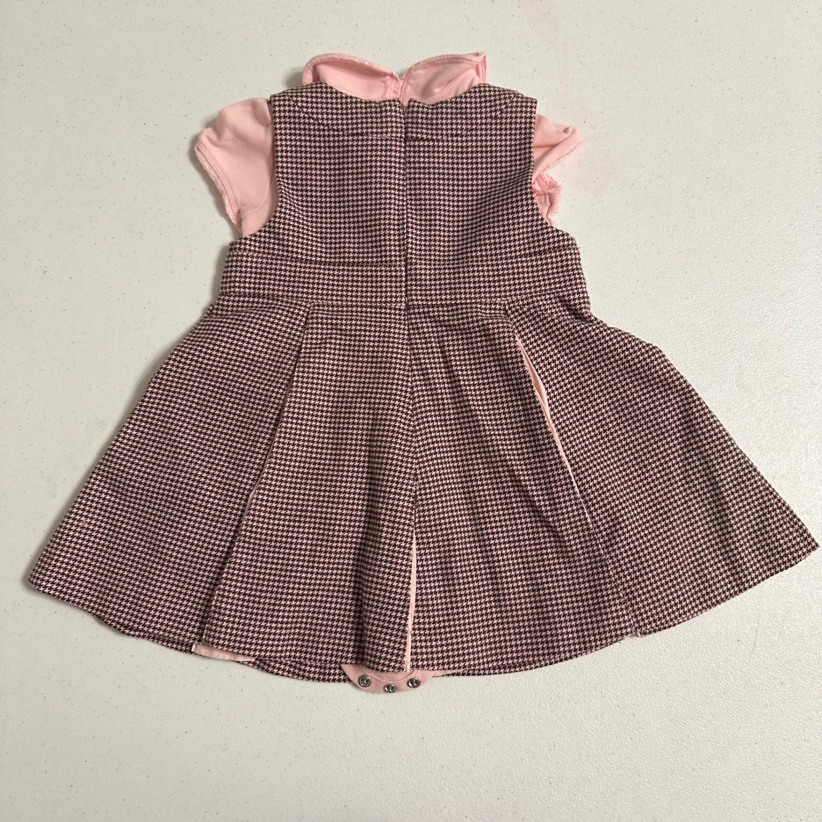 Gymboree Pleated Houndstooth Jumper Dress & Bodysuit Set Pink Brown VTG 12-18M