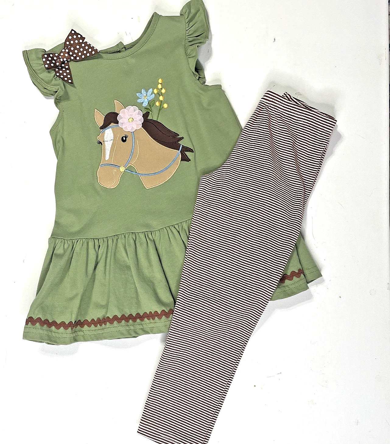 NEW Good Lad Outfit 3T 4T Horse Applique Flowers Green Brown Striped Pants Set