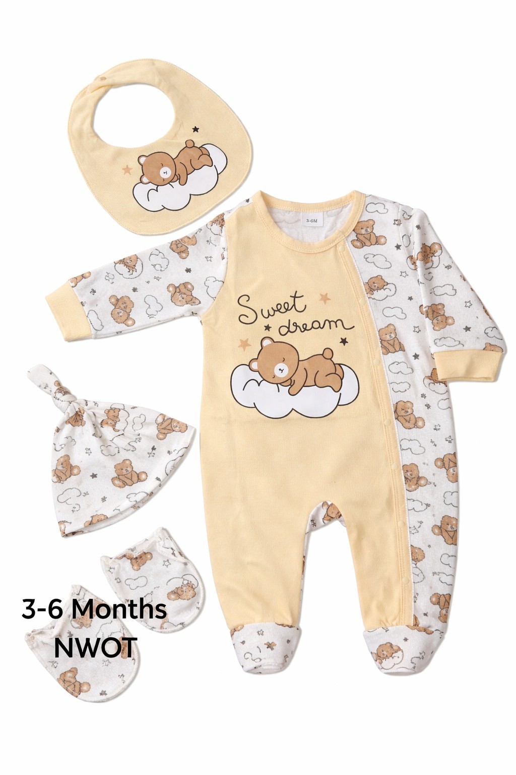 Bear Print Cream & White Set 4 Piece Outfit 3-6 Months Unisex