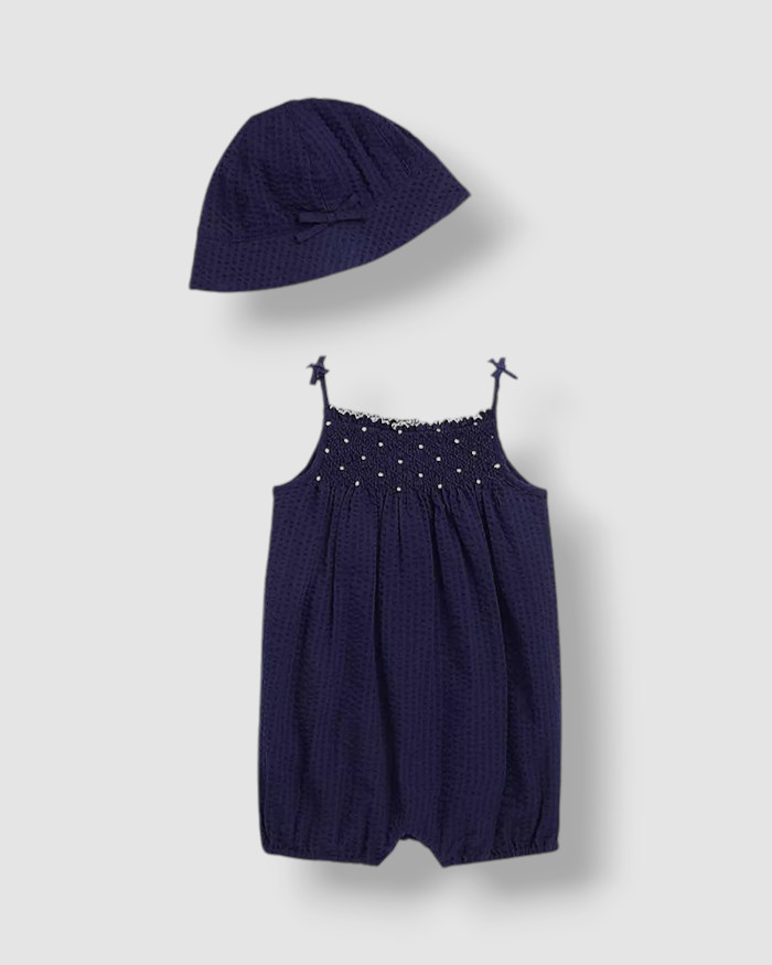 Ralph Lauren Baby Girl’s Blue Seersucker Bubble Romper & Hat Set Size 3M