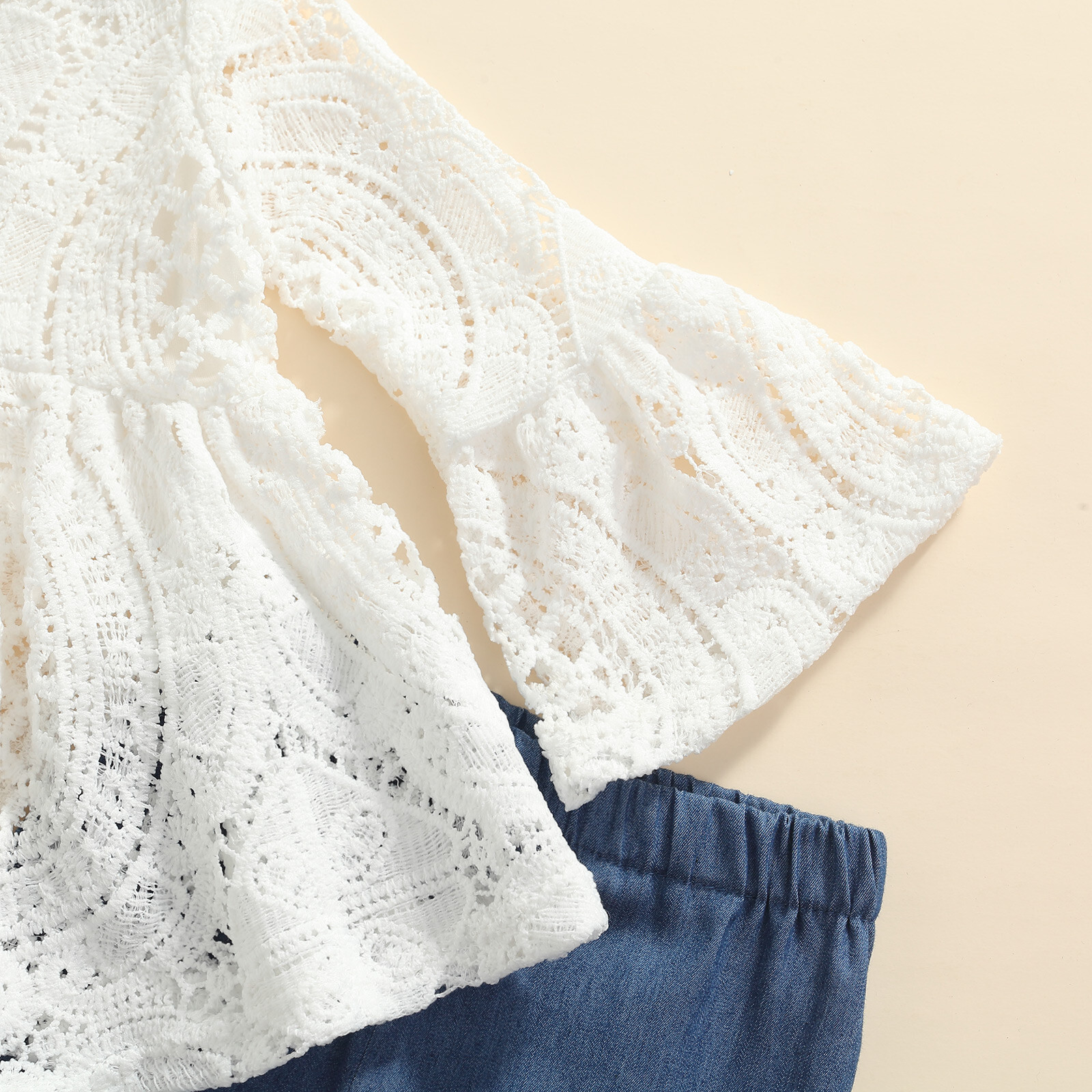 NEW White Crochet Lace Bell Sleeve Tunic Bell bottoms Girls Outfit Set