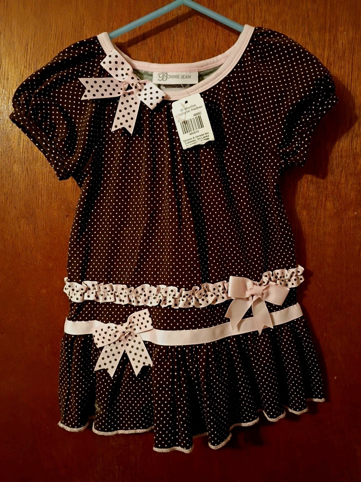 Bonnie Jean Brown & Pink polk-a-dot 2 Pc Legging Set/ Dress Bows Sz 3T. New/Tags