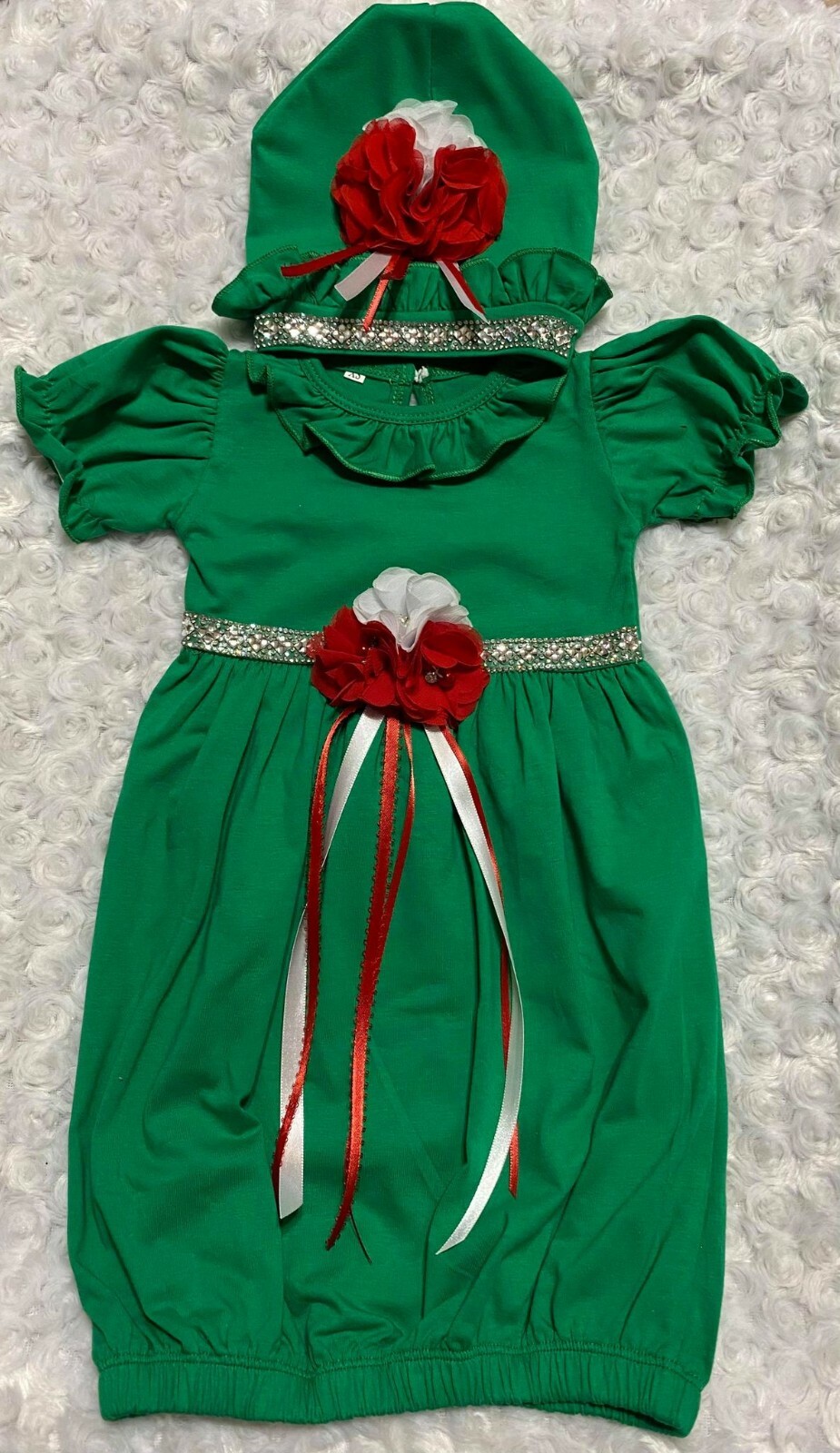 Green Rhinestone Christmas Take Me Home Gown and Hat Set