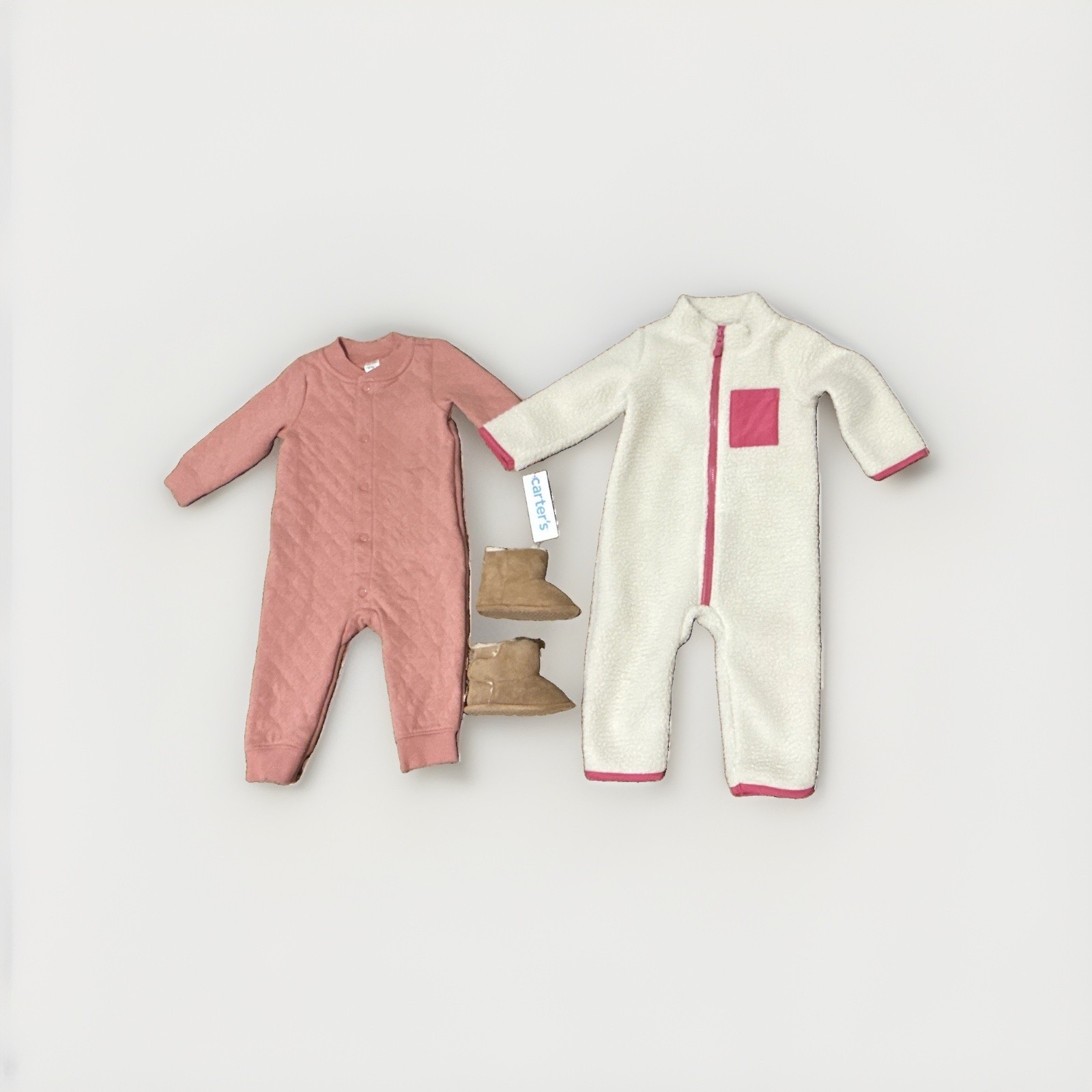 Carter’s Girls 3pc Outfit Set 6 & 9 M Pink/White Fleece Jumpsuit Jacket Booties