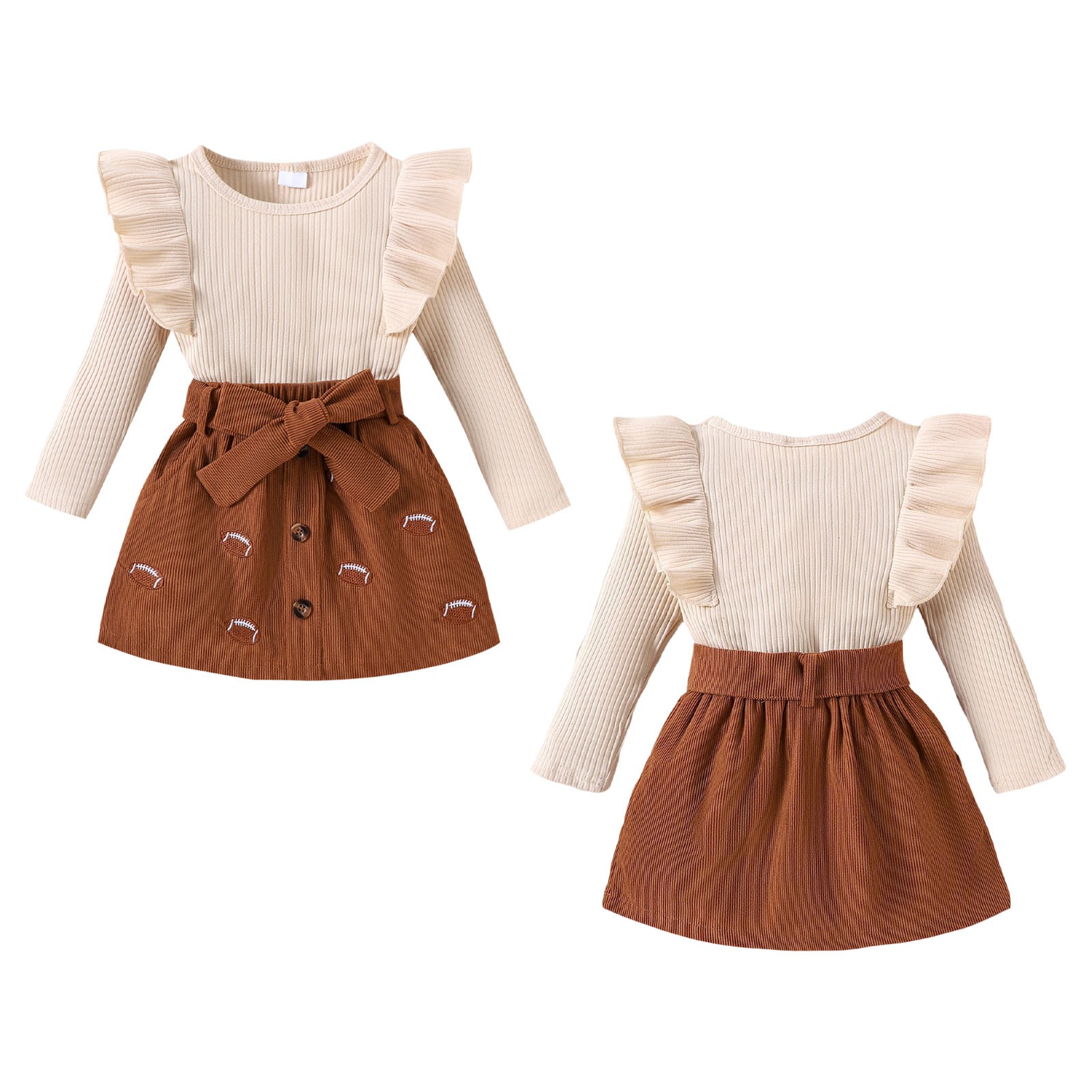 Toddler Girls Halloween Round Neck Ruffles Long Sleeve Ribbed Tops with Skirts