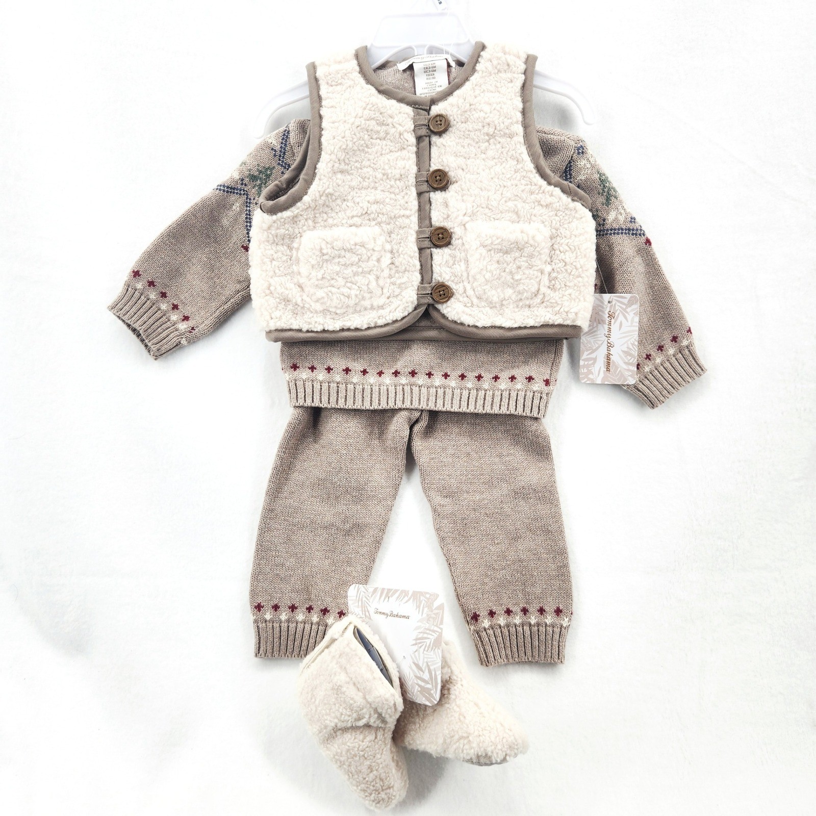 Tommy Bahama Baby Boys 4-Piece Sweater Vest Pants Booties Set Tan Pine Tree 3-6M