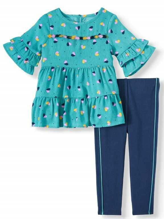 Wonder Nation Toddler Girl SS Tiered Ruffle Tunic & Racer Stripe Leggings 2pc