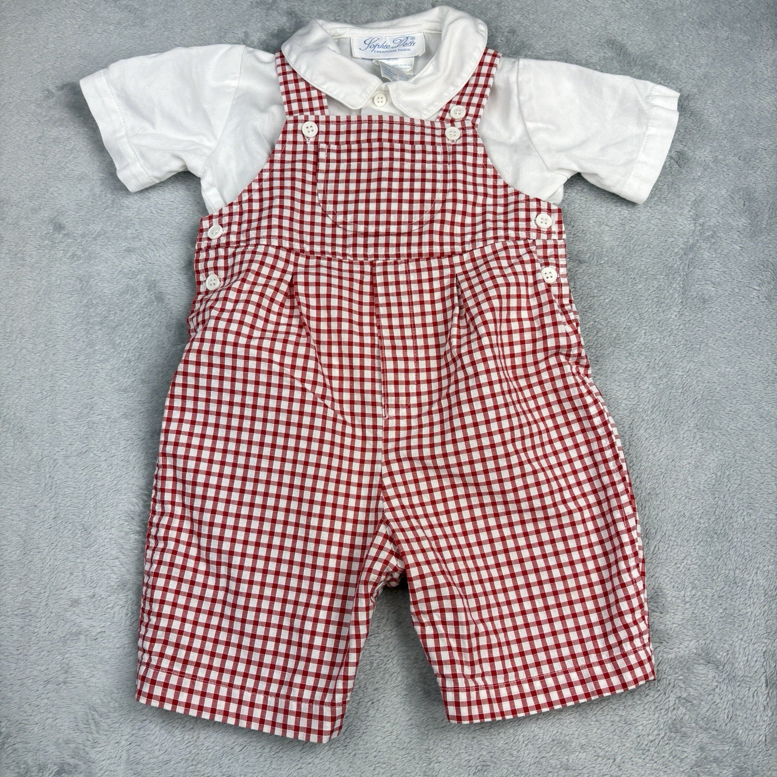 Vintage Sophie Dess Baby Boy 2 pc Romper 18M Red Check White Shirt Classic