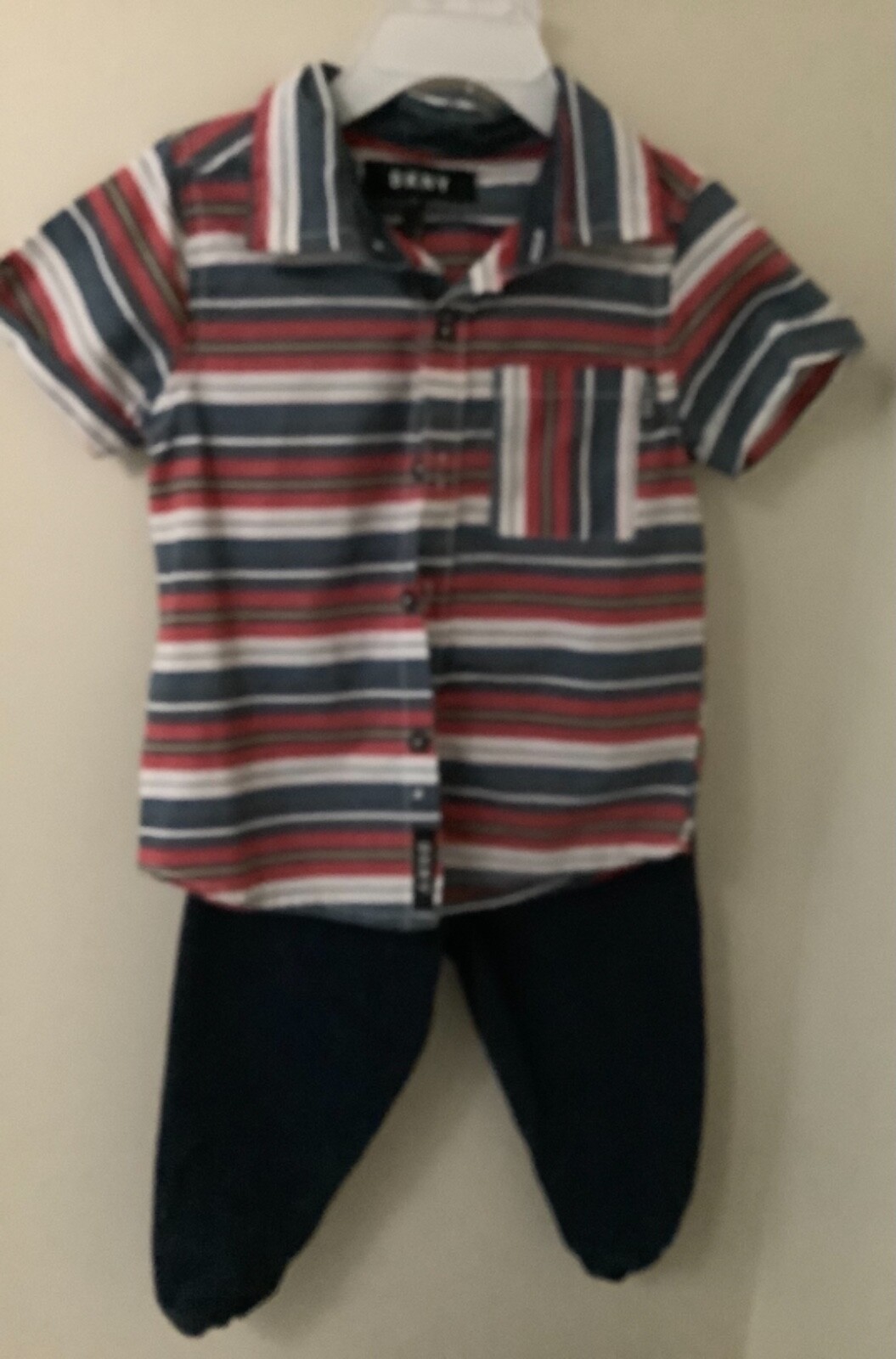 DKNY 2T BABY BOY 2 PC SET BLUE PULL-UP JEANS W/POCKETS & STRIPED BUTTON SHIRT