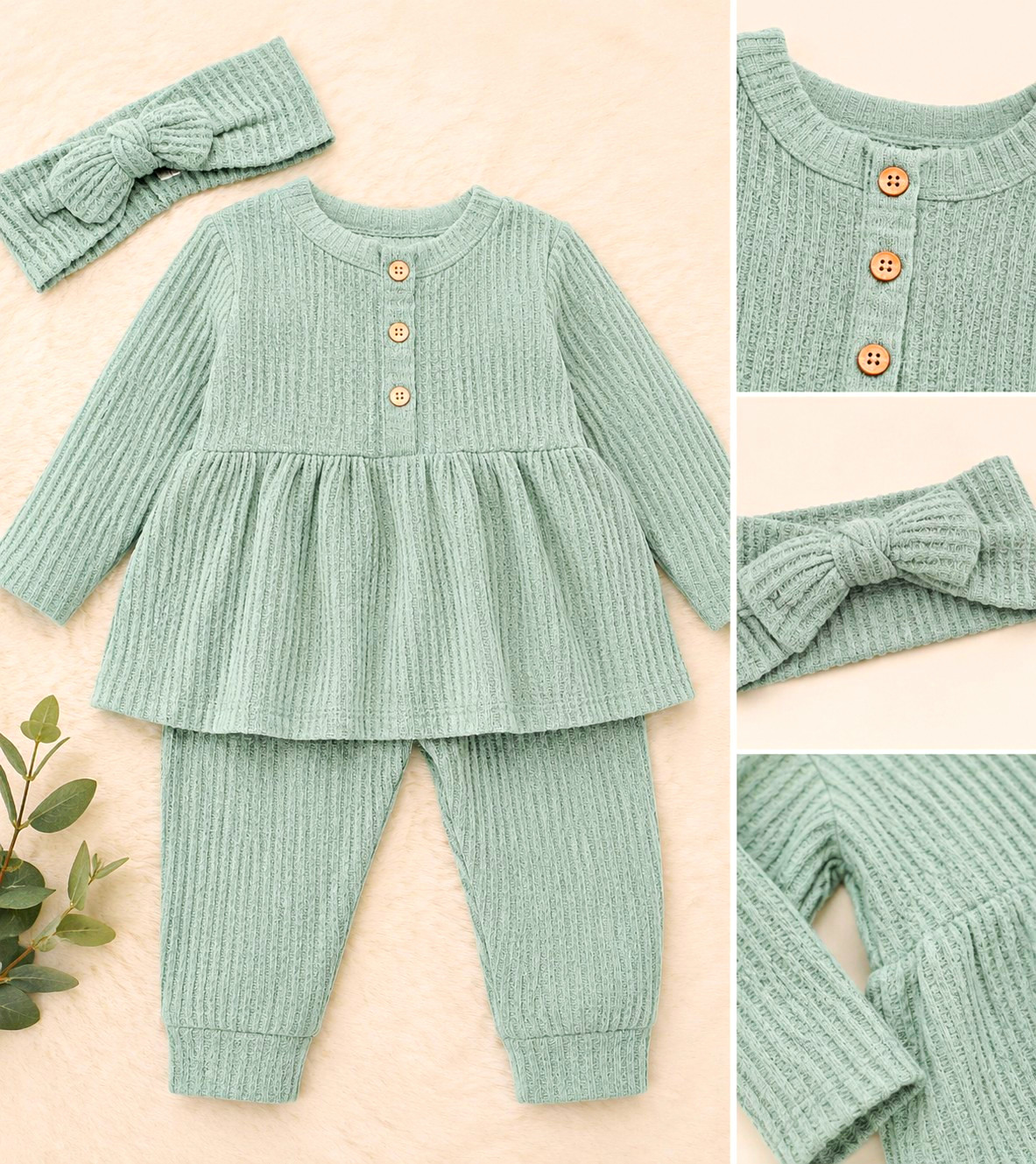 Baby 3-Piece Ribbed Knit Pants Set Green Long Sleeve Top Bow Headband 18-24M