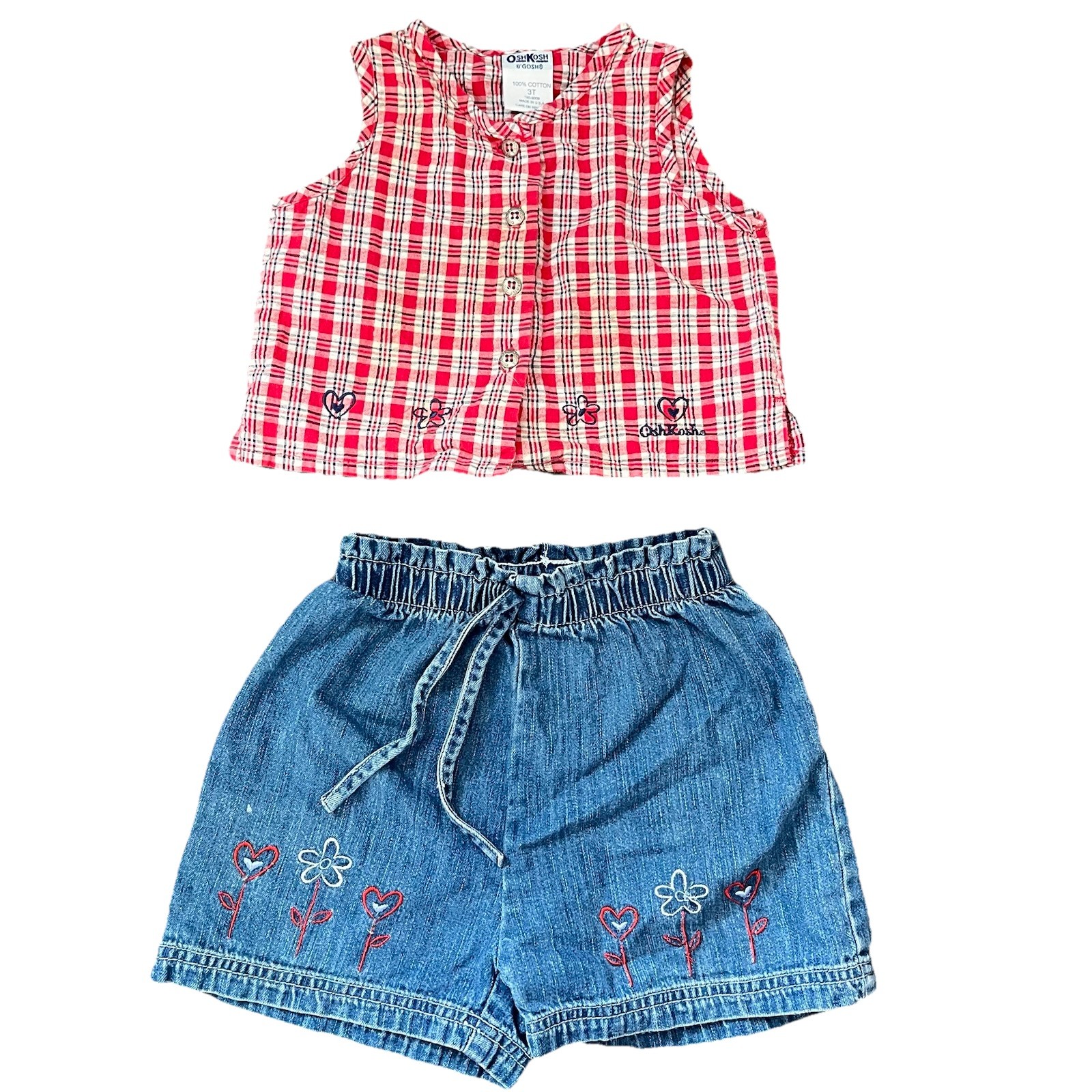 Vintage Oshkosh B’Gosh Girls Plaid Tank Top And Denim Shorts Set 3T 4T USA Made