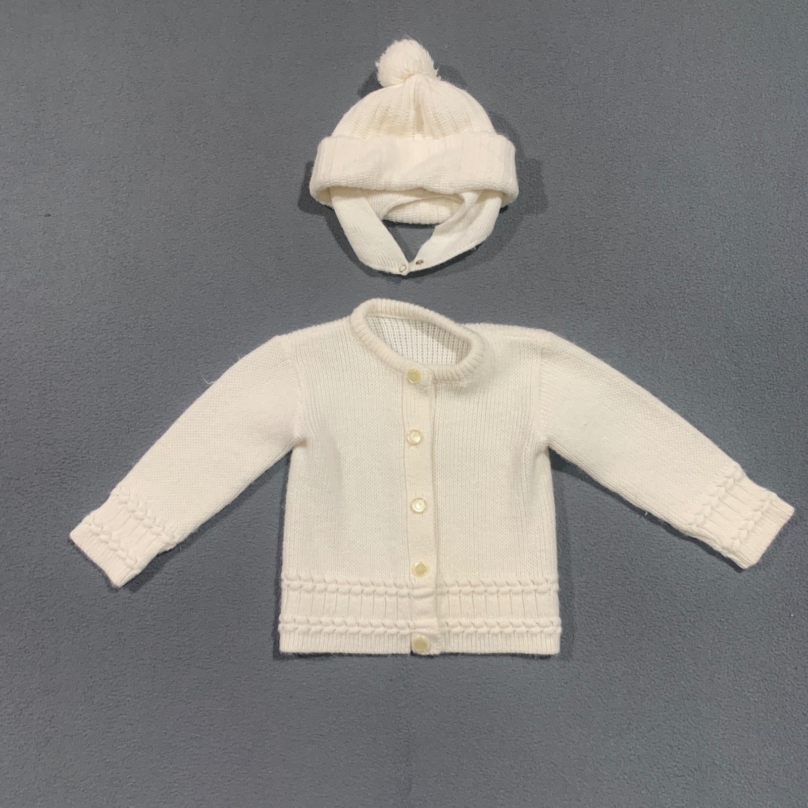 Baby Knitted Cardigan Sweater and Hat Set White Acrylic 6-12 Months