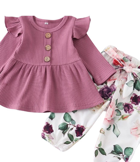 Newborn Baby Girl Purple Set Solid Knitting Long Sleeve Tops Floral Print Pants