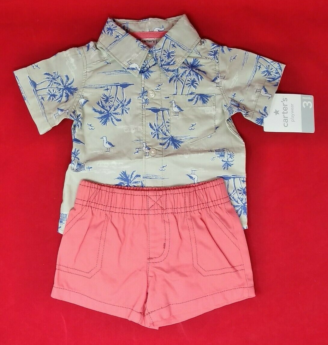 Carter’s Boy’s 2-Piece Shorts Shirt Set Palm Trees Size 3 Months Pink Green NEW