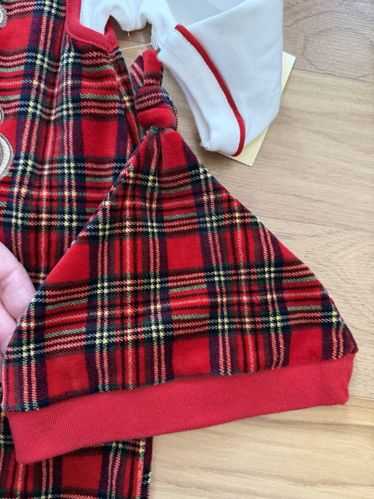BNWT VTG Baby Christmas 6-9 Mon 2 Pcs Red Tartan Plaid Fleecy Teddy Bear Outfit
