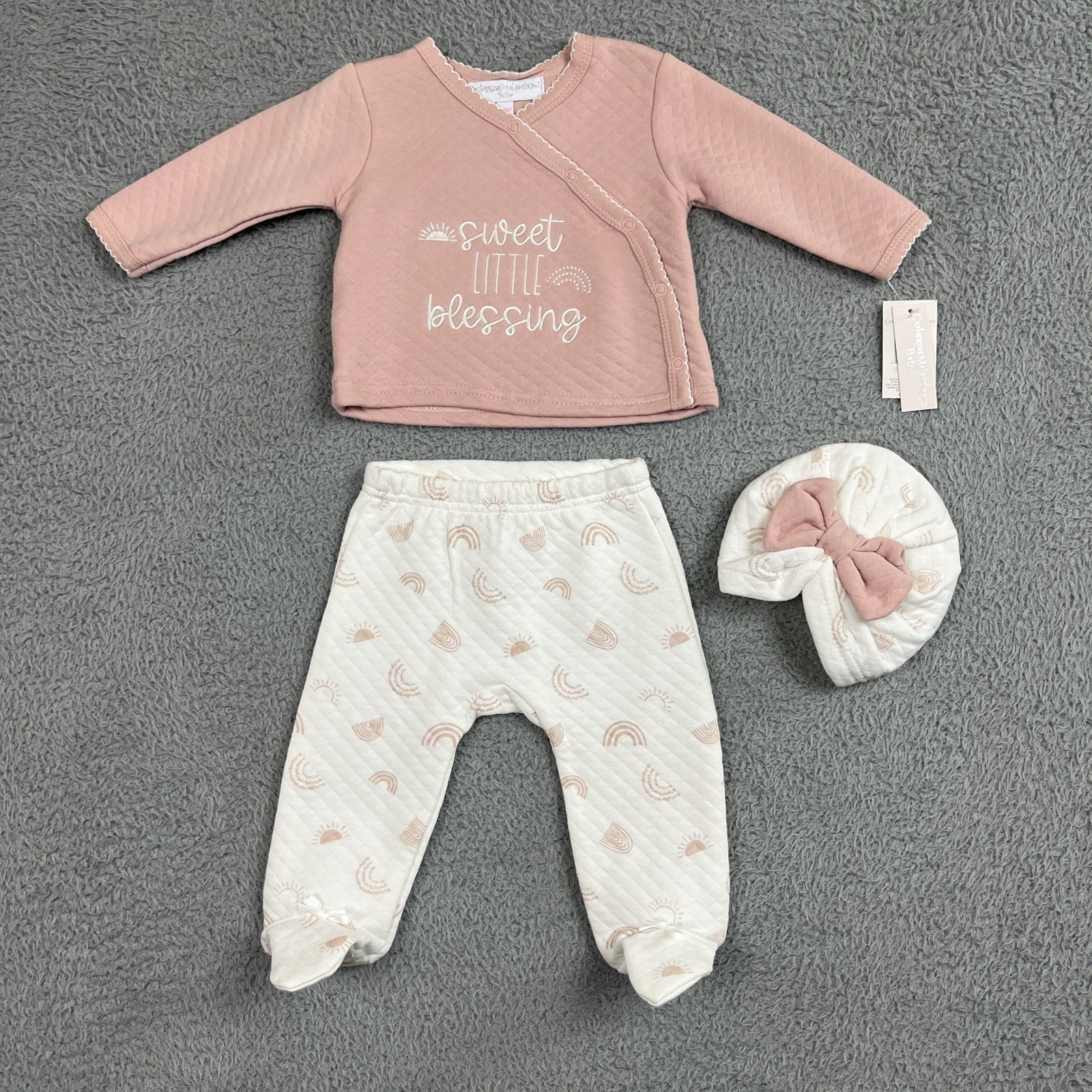 Catherine Malandrino Baby 3 Pc Quilted Top Pants Hat Baby 3/6 Mo Peachy Pink NWT