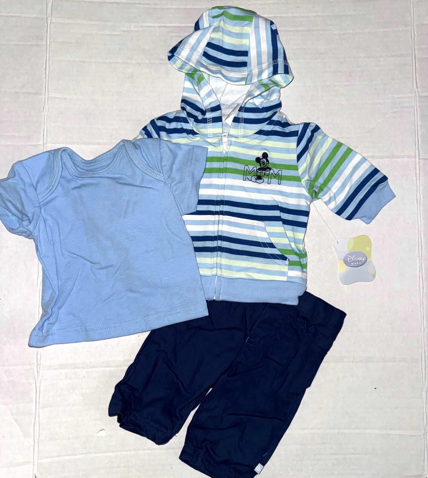 DISNEY BABY 3 piece set white/green/blue/stripes MICKEY MOUSE motif size NEWBORN