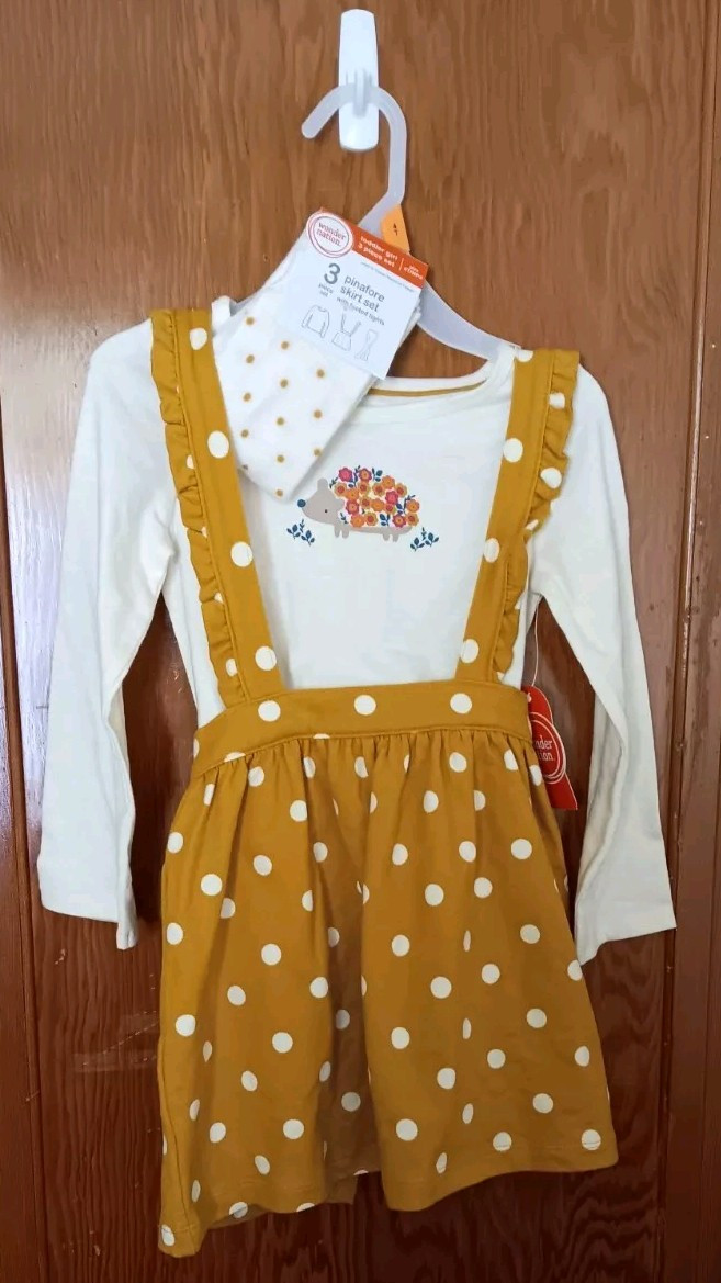 Wonder Nation Toddler Girls 3 PC. Pinafore Skirt Set With Footed Tights- Size 4t