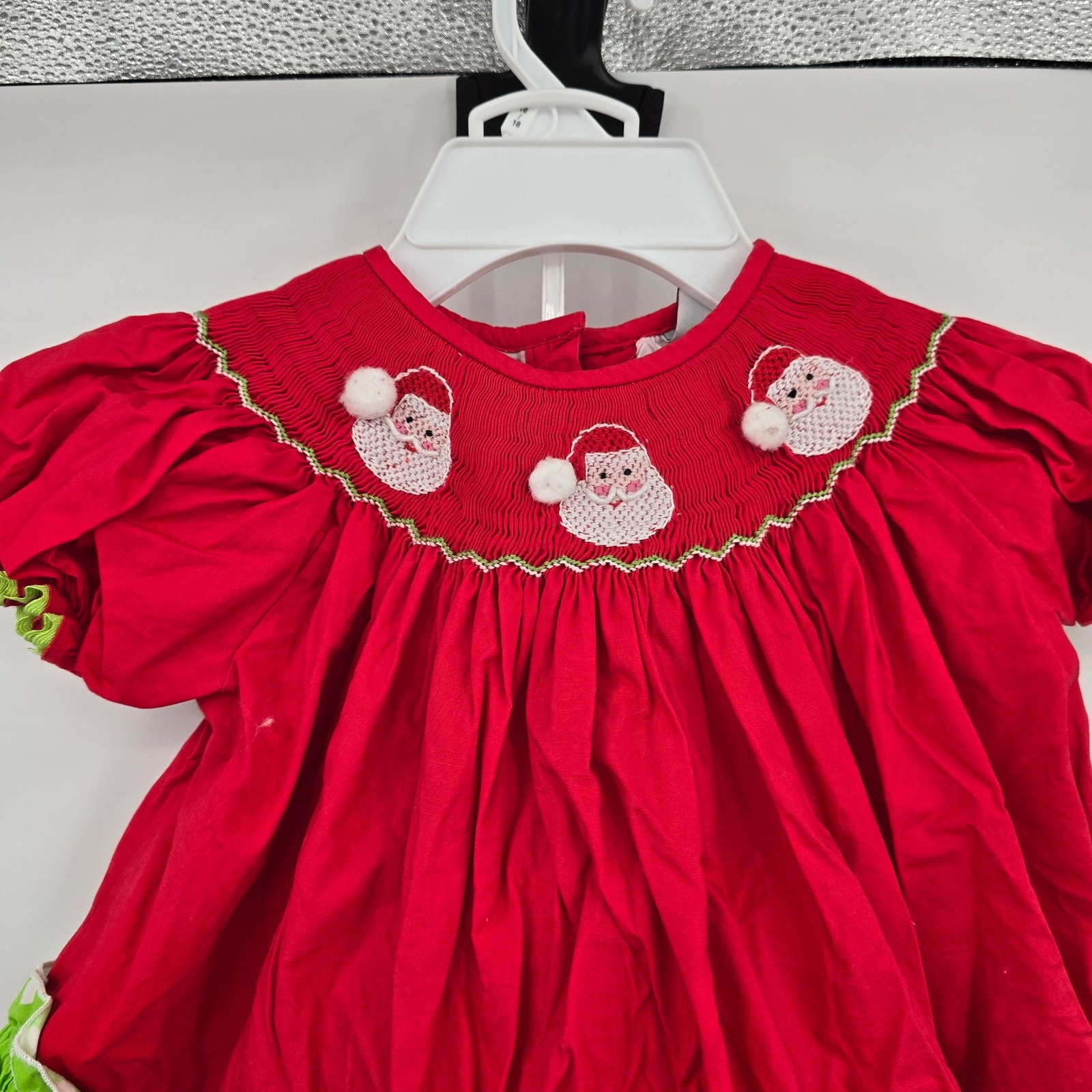 Smocked A Lot Vintage Baby Girl Santa Smocked Neck Ruffle Chevron Outfit 18M