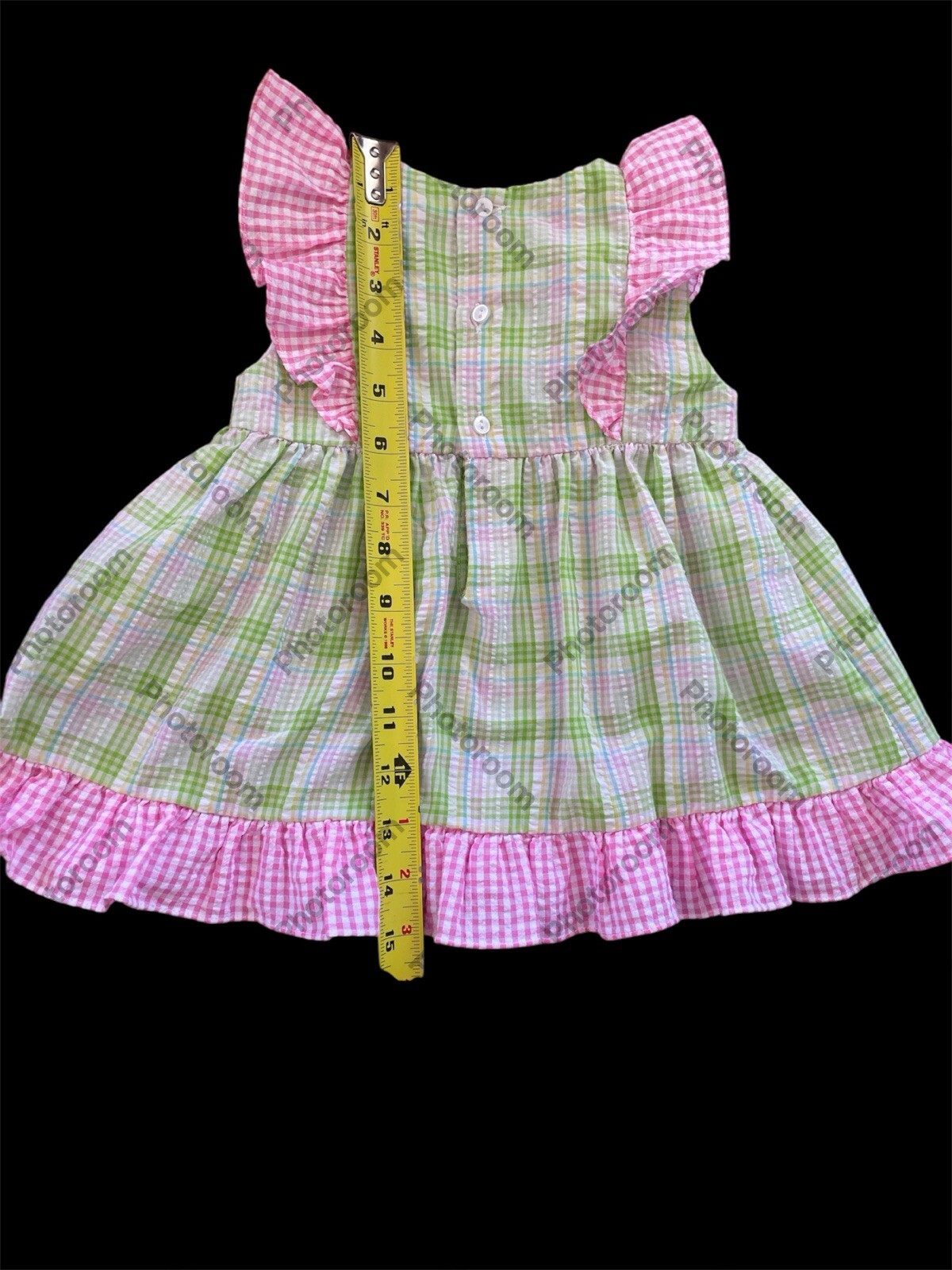 Zu EUC Pink/Green Plaid Seersucker Applique Tractor Ruffled Top & Bloomer-6Mos