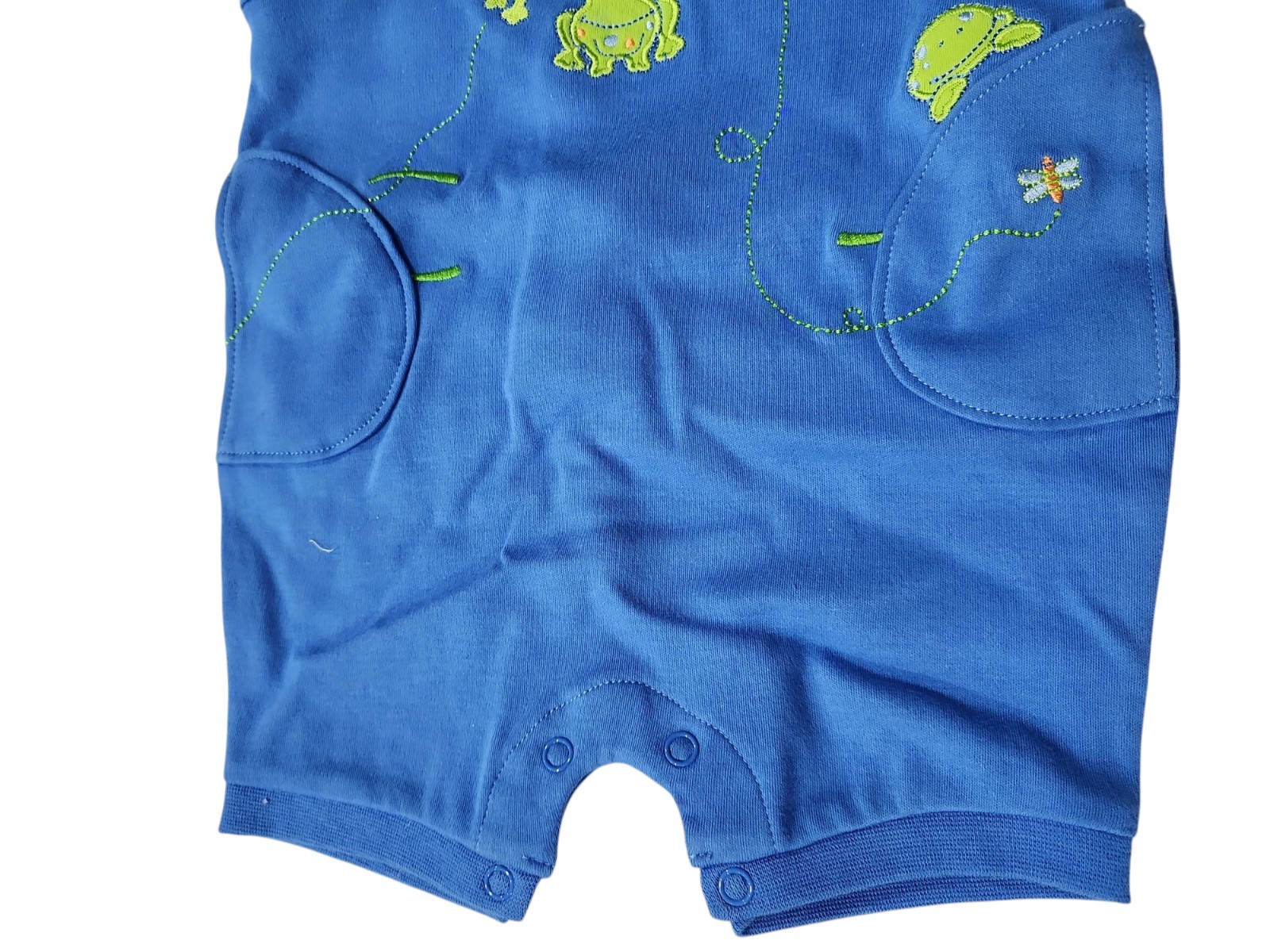 6 Month Little Me Baby 3 Piece Frog Applique Romper, Shirt, Cap Green and Blue