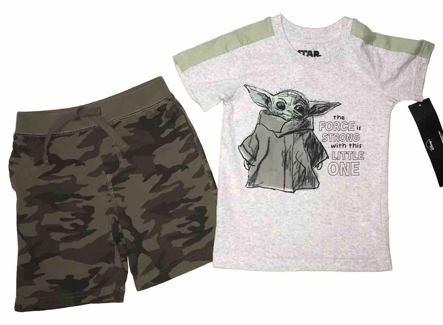 Star Wars Baby Gap Baby Yoda Gray T-shirt Green Camouflage Shorts Size 3 3T New