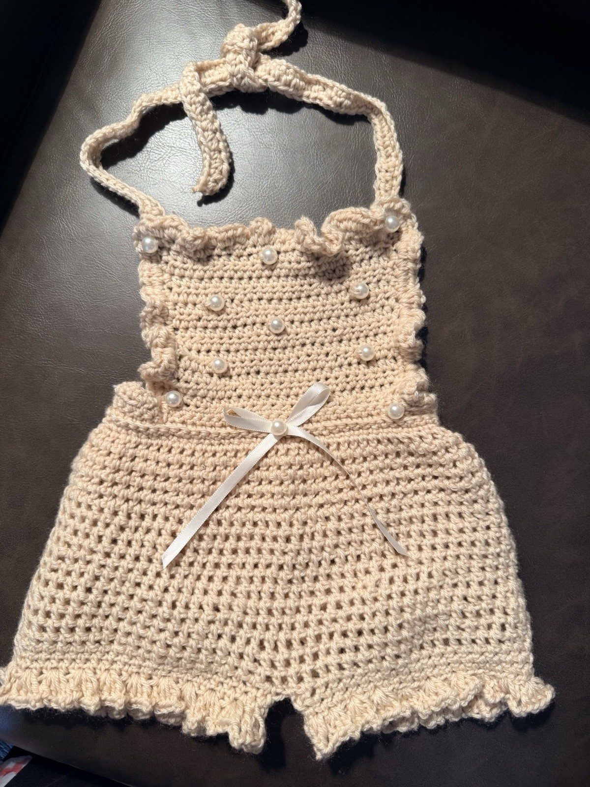 Crochet Sleeveless Romper Newborn Beige Acrylic Solid Bow Ruffle 1-Piece