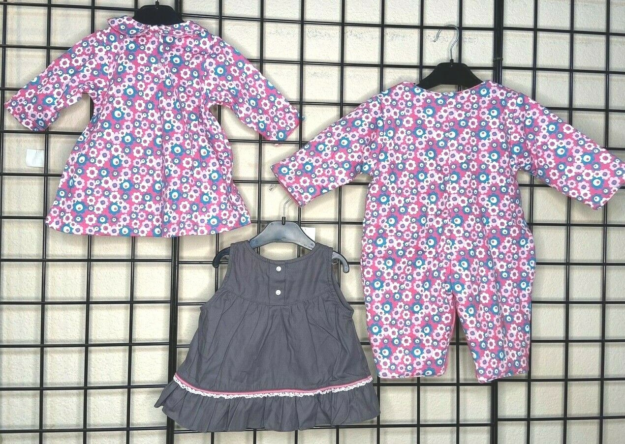 NEW NWT 3PC Pink/Blue/White Flowers Dress/Pinafore/Padded Bunting Set 6M (6/9M)