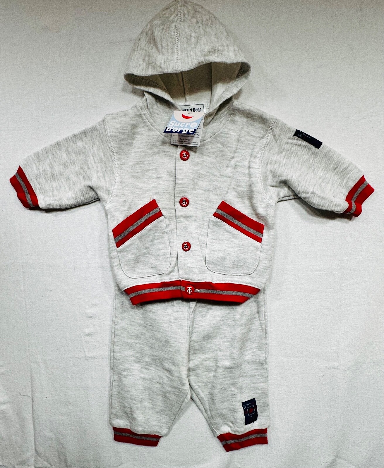 NWT Sucre d’Orge Gray Hooded Button Up Sweatshirt Pull On Pants Athletic Set, 6m