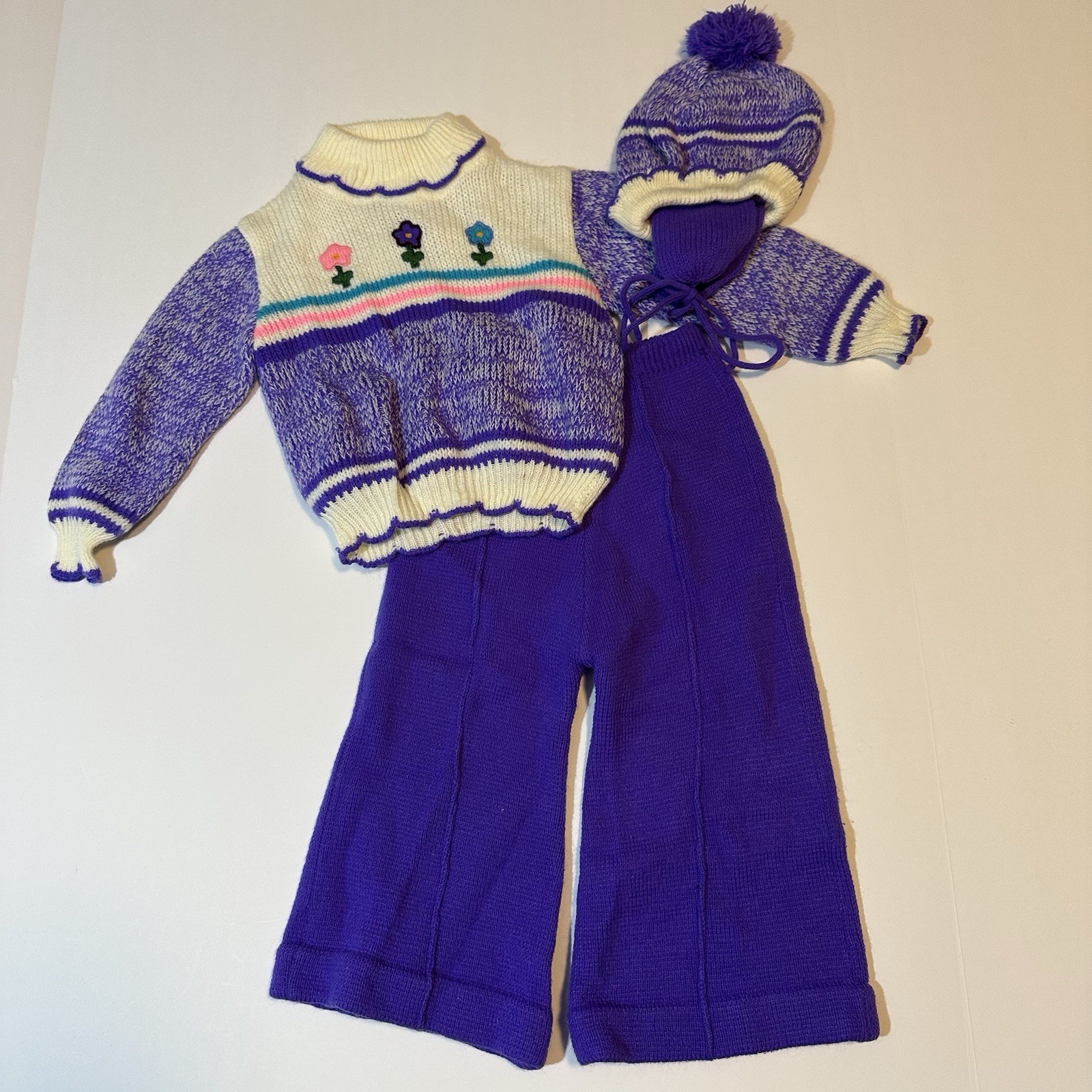 Vtg 80s Playtown Knit Sweater Set Sz 24 Mos Purple Acrylic Pants Hat Floral