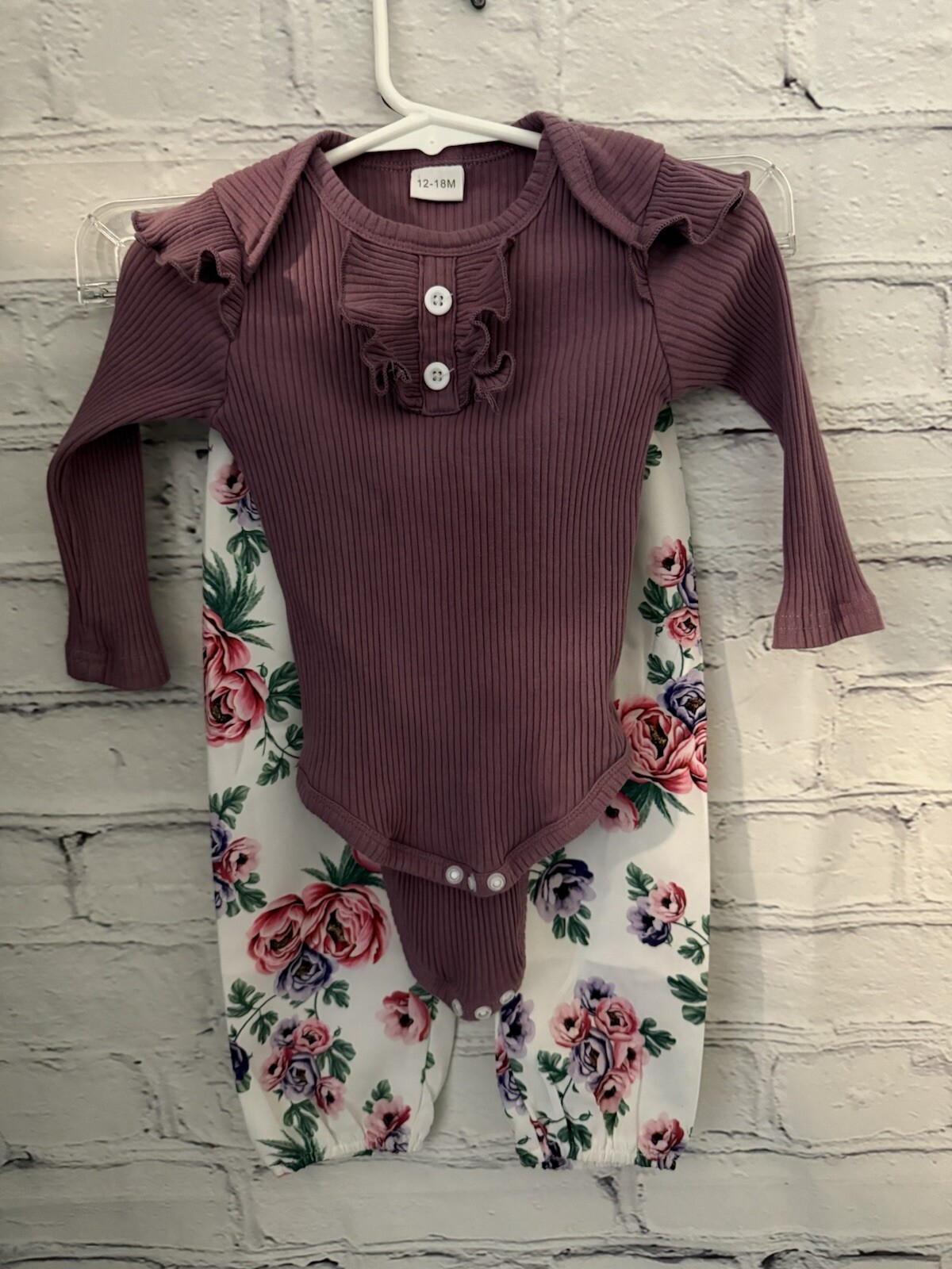Unbranded 2 Piece Set Pink Long Sleeve Ribbed Top/Cream Floral Pants 12-18M