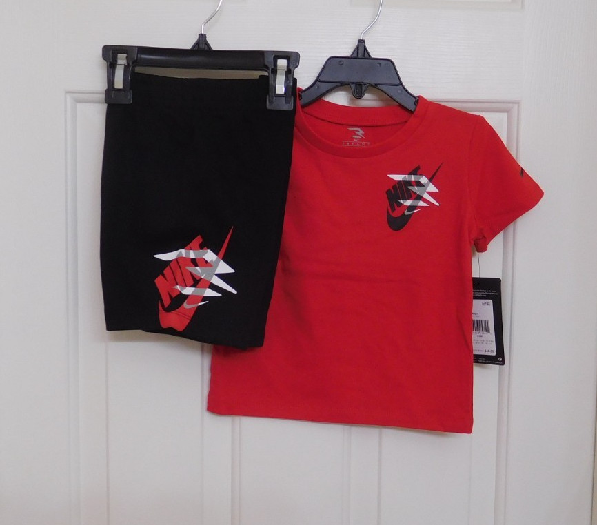 NWT 2pc Nike 3 Brand Red White Black Logo Shirt & Sweat Shorts Set sz 24 Months
