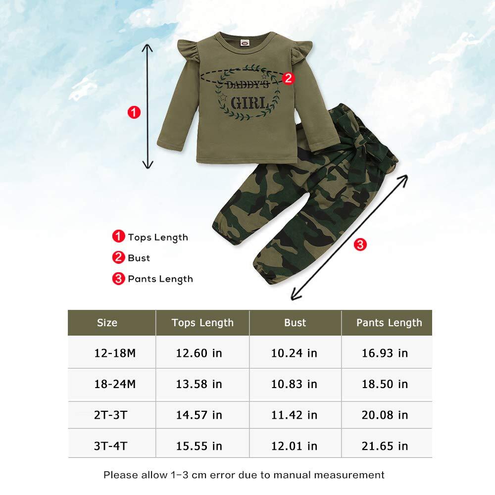 Mikrdoo 18-24 Months Toddler Girl Clothes Cotton Ruffle Shirt Top Camo Pants Set