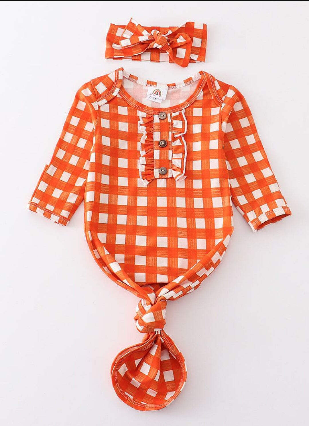 Girl’s Boutique Orange Plaid Print Baby Knot One Piece Outfit And Matching Headb