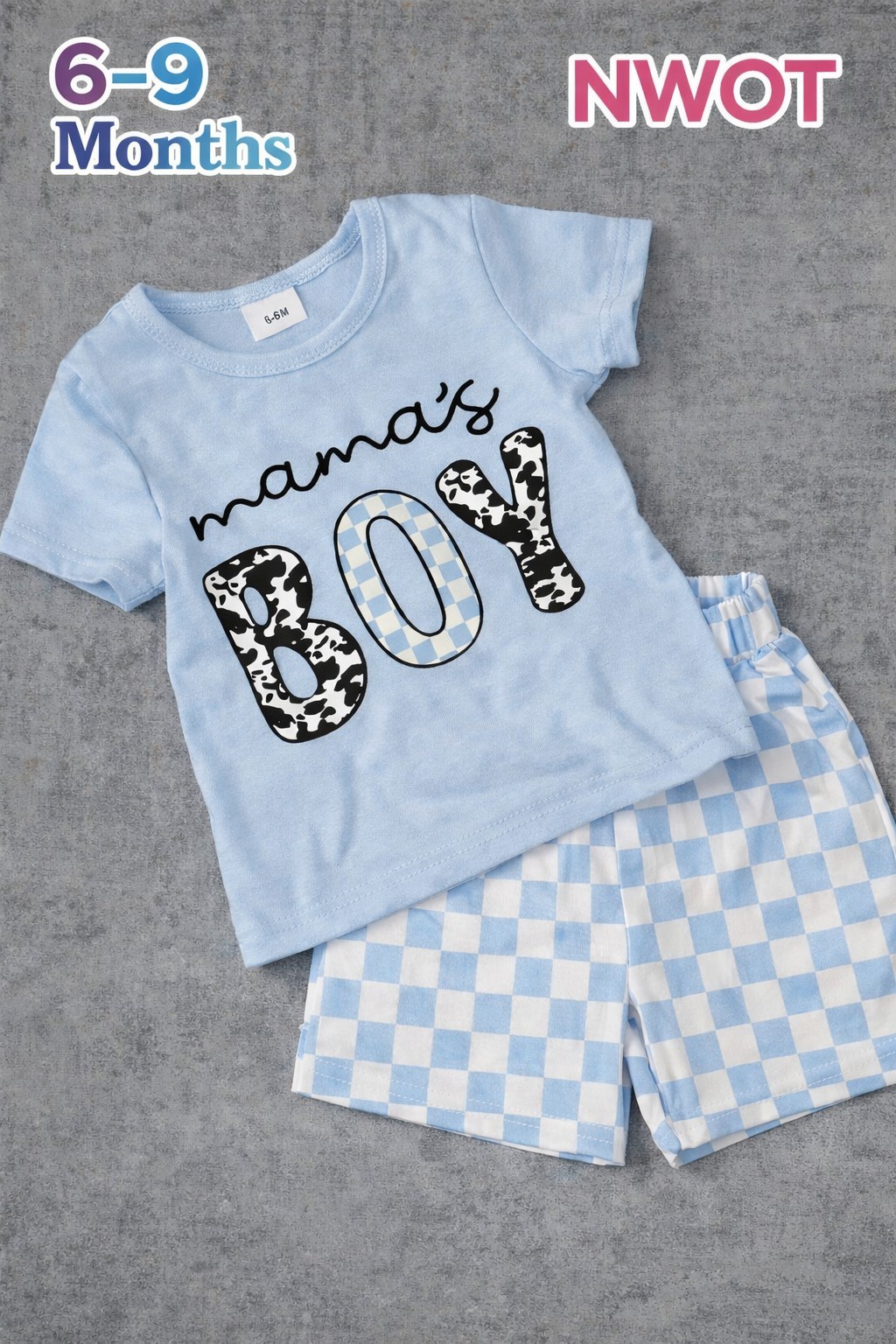 NWOT Mama’s Boy Light Blue Check Shorts Set T-Shirt 6-9 Months Boys