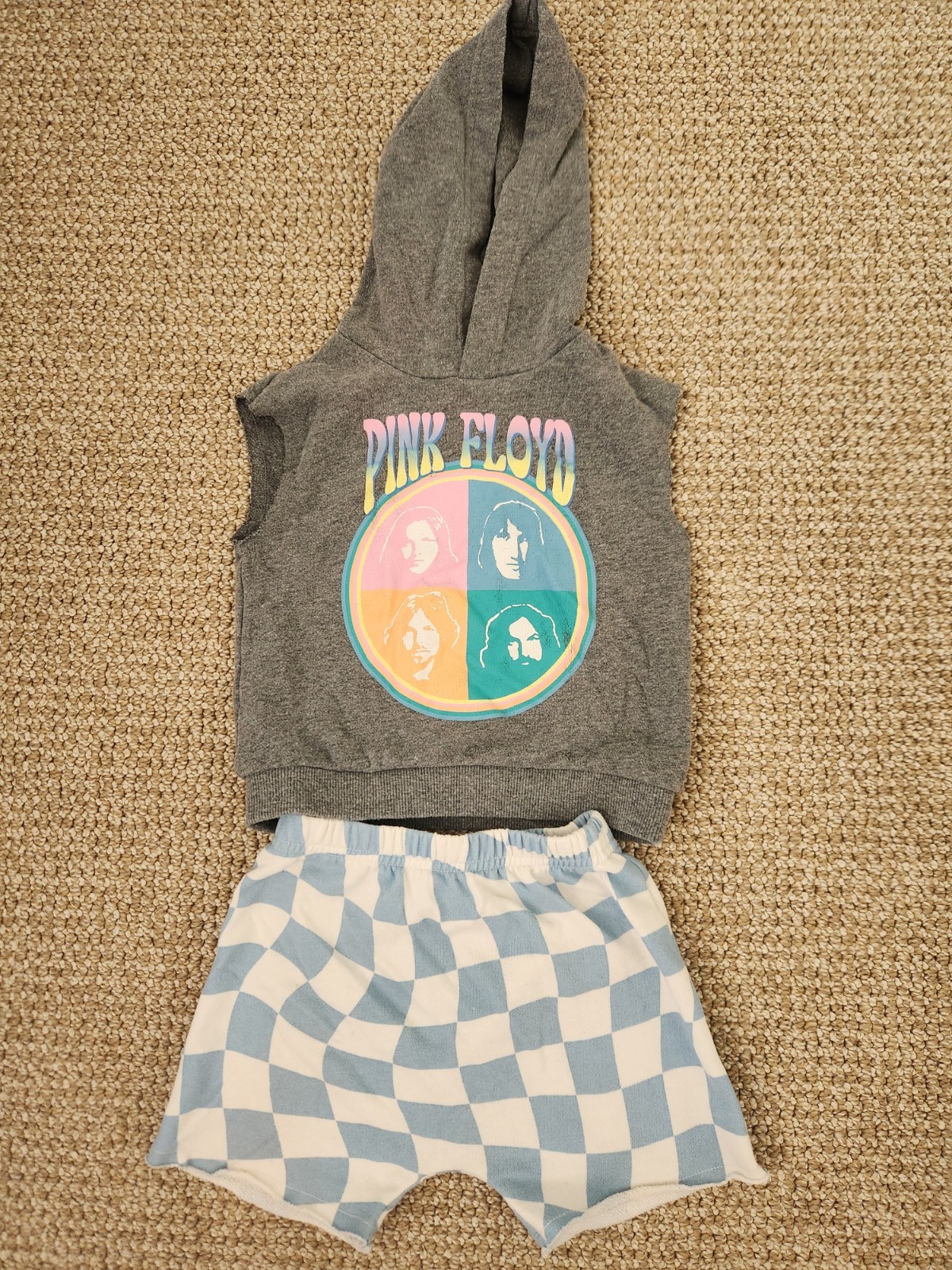 Pink Floyd Gray Blue Checkered Sleeveless Baby 2 Piece Hoodie Shorts Set 18M