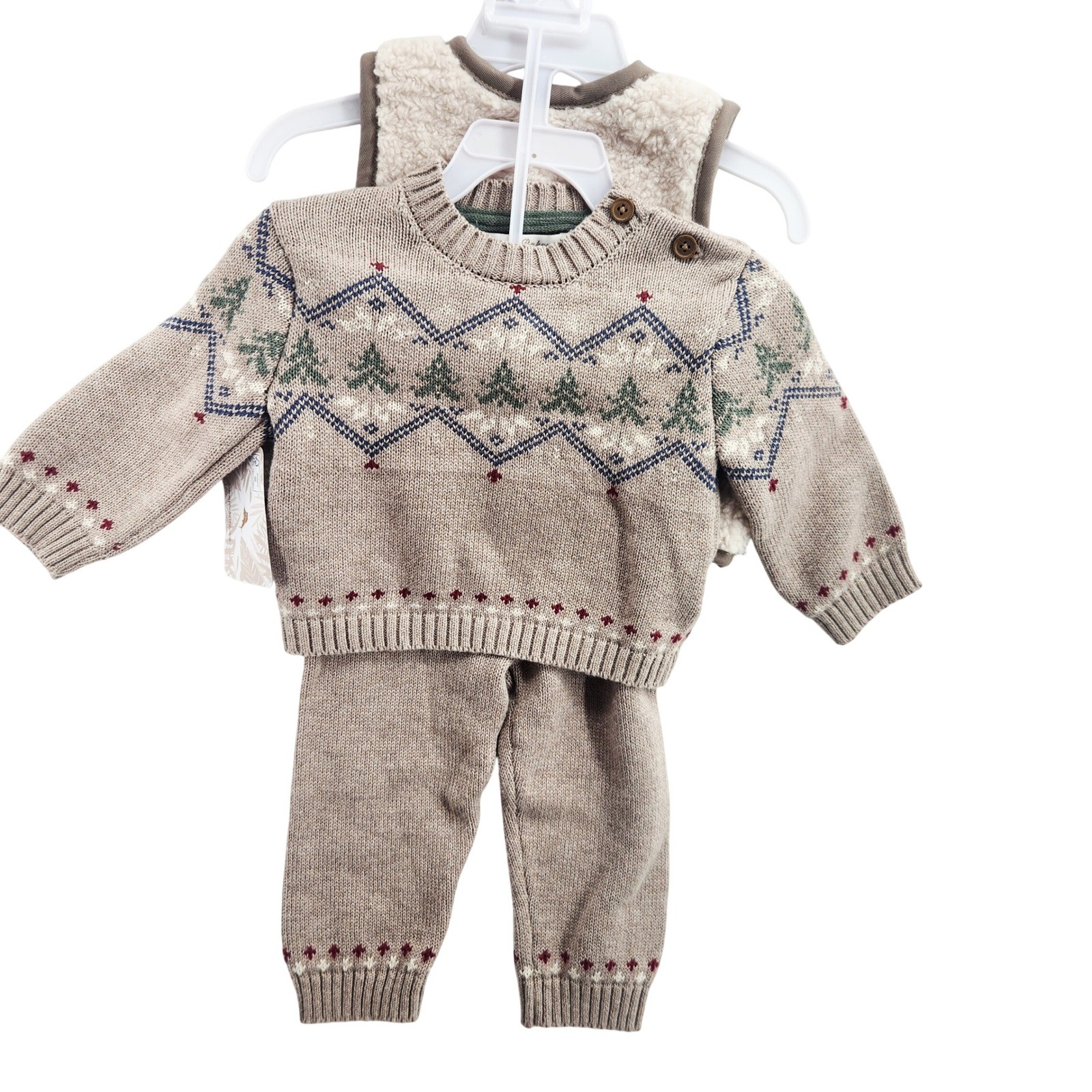 Tommy Bahama Baby Boys 4-Piece Sweater Vest Pants Booties Set Tan Pine Tree 3-6M