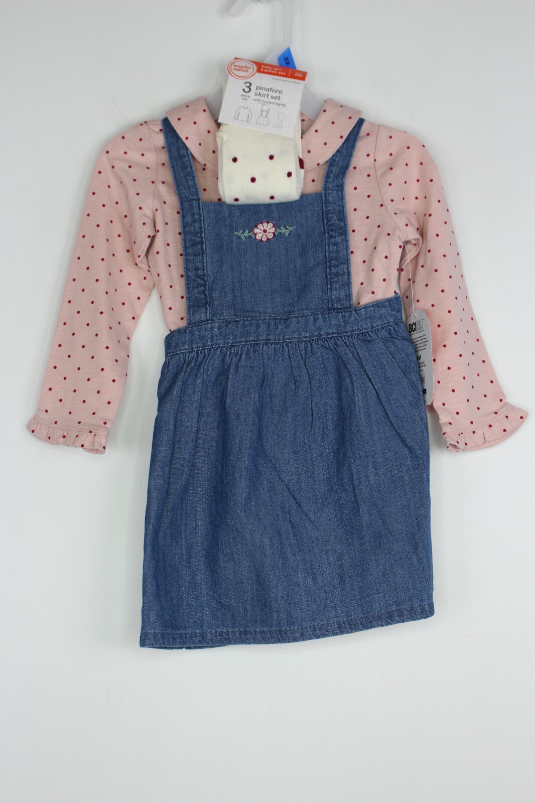 Kid’s Wonder Nation Baby Girl 3 Piece Set Pinafore Skirt with footed Tights 24M