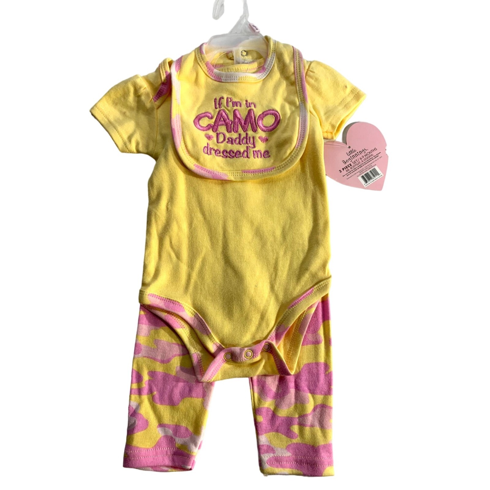 New Little Beginnings Girl Baby Infant Size 6 9 Months 2 pc Set Outfit Bib 1 pie