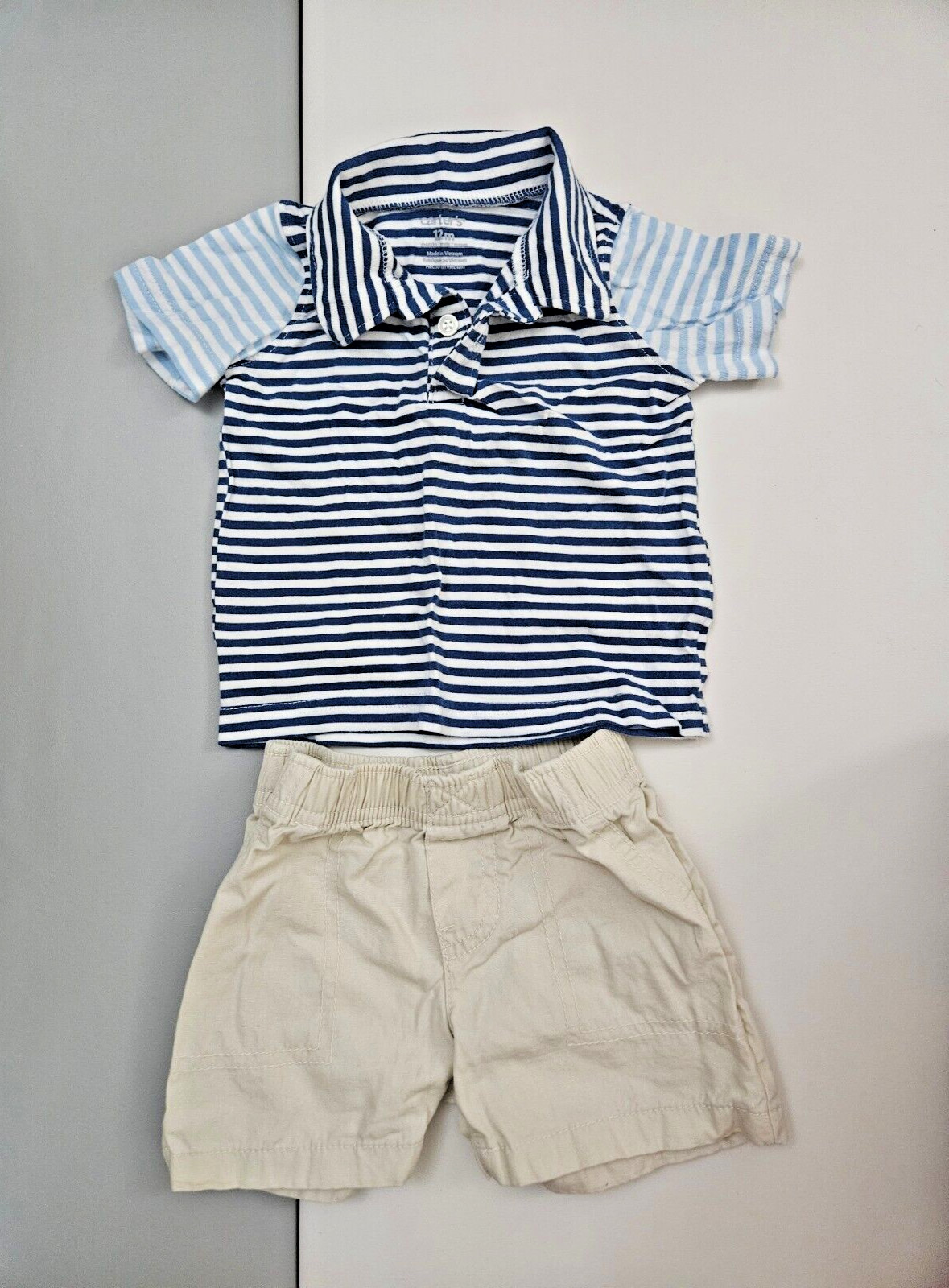Carters Baby 2-Piece Blue Striped Jersey Polo & Canvas Short Set Size 12M