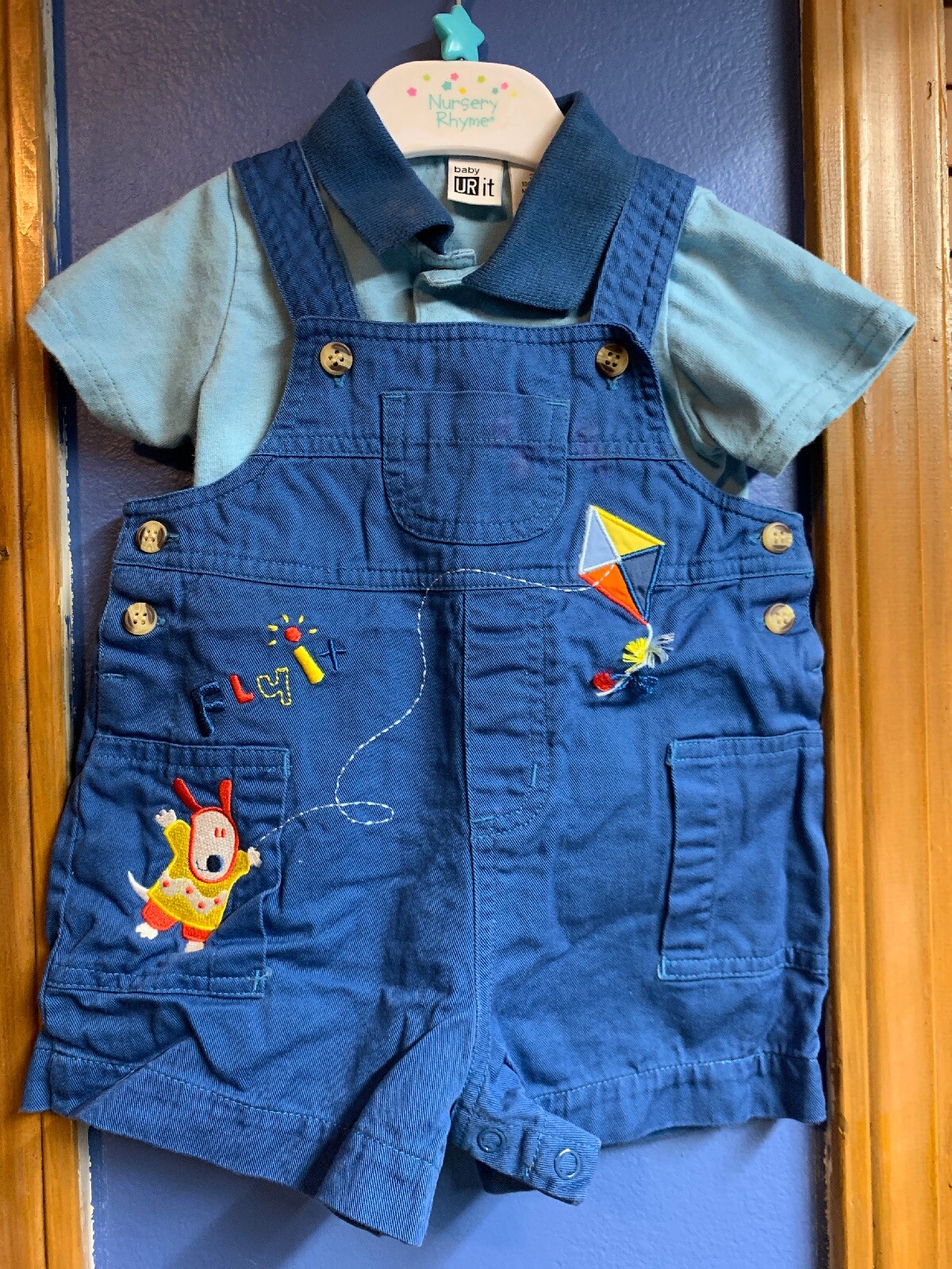 Baby UR It 2 Pc Baby Outfit 3-6 Months Blue W/ Embroidered Dog/kite Overall Set
